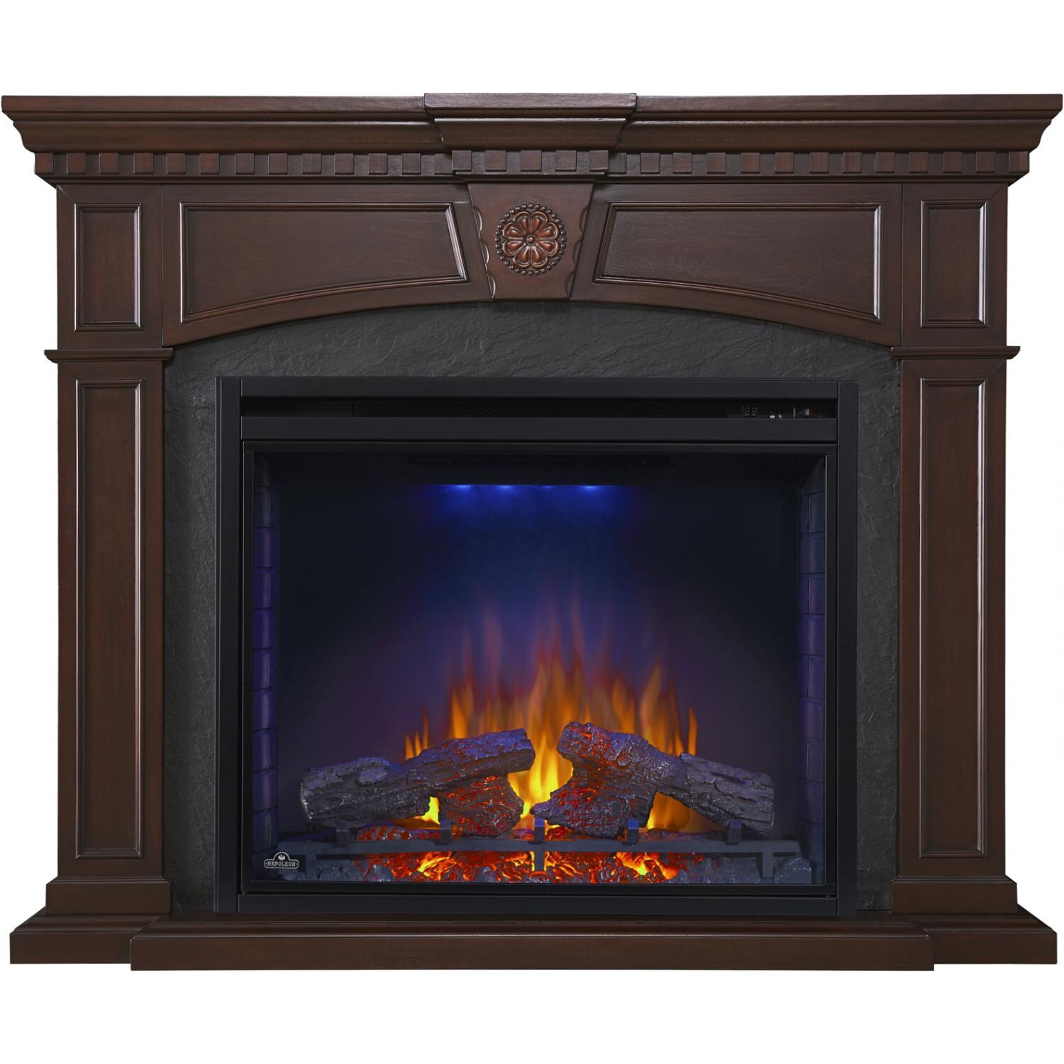 Napoleon Harlow 33-Inch Electric Fireplace - Mahogany - Main View With Blue Night Light thumbnail