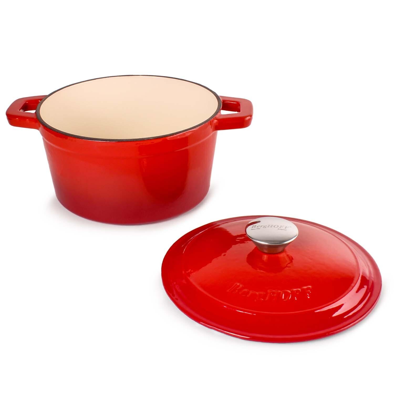 BergHOFF 8-in Neo Cast Iron 3 Qt. Round Dutch Oven w/ Lid - Red - Lid Off - White Background