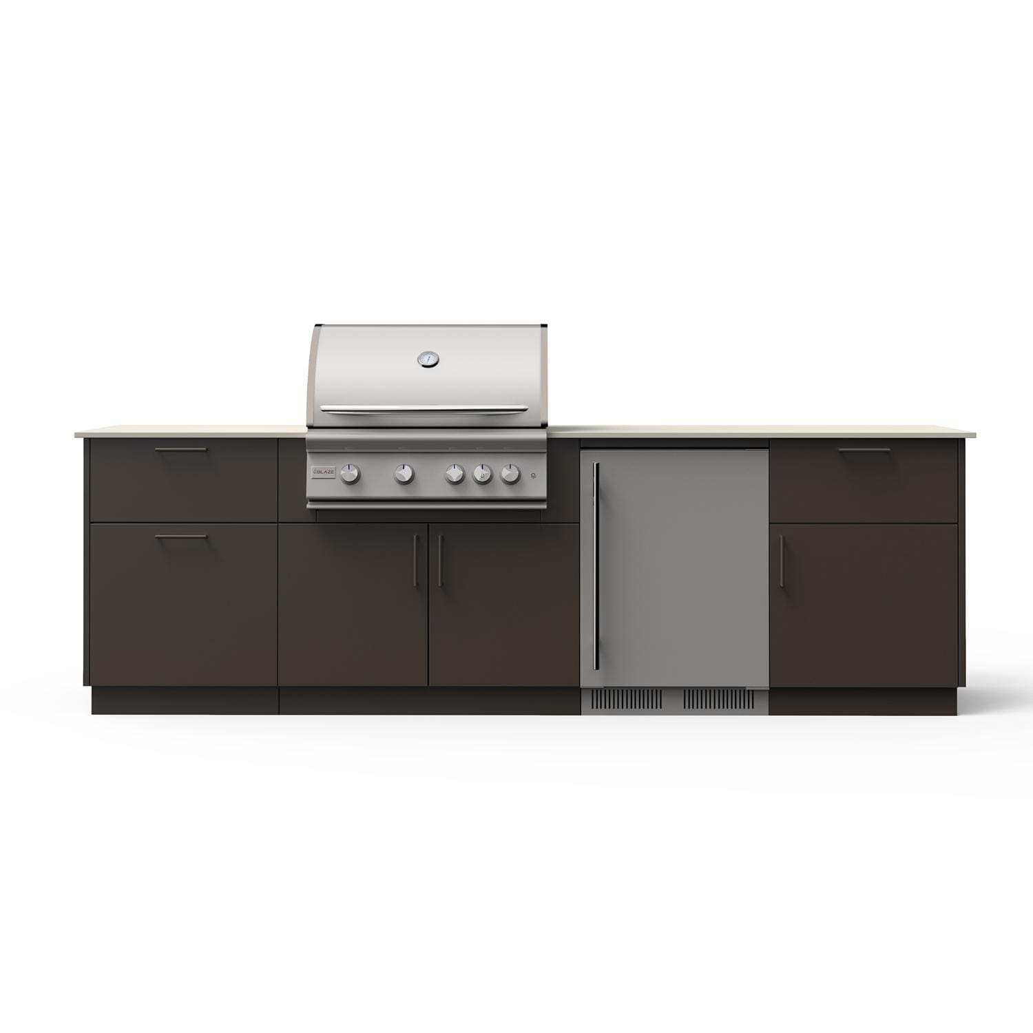 Blaze Morning Glow 10-Ft Outdoor Kitchen Island w/ 32" LTE+ Propane Grill, Fridge in Architectural Bronze w/ Aeris Countertop - B-MNGL32-BRZ-AERIS-LP