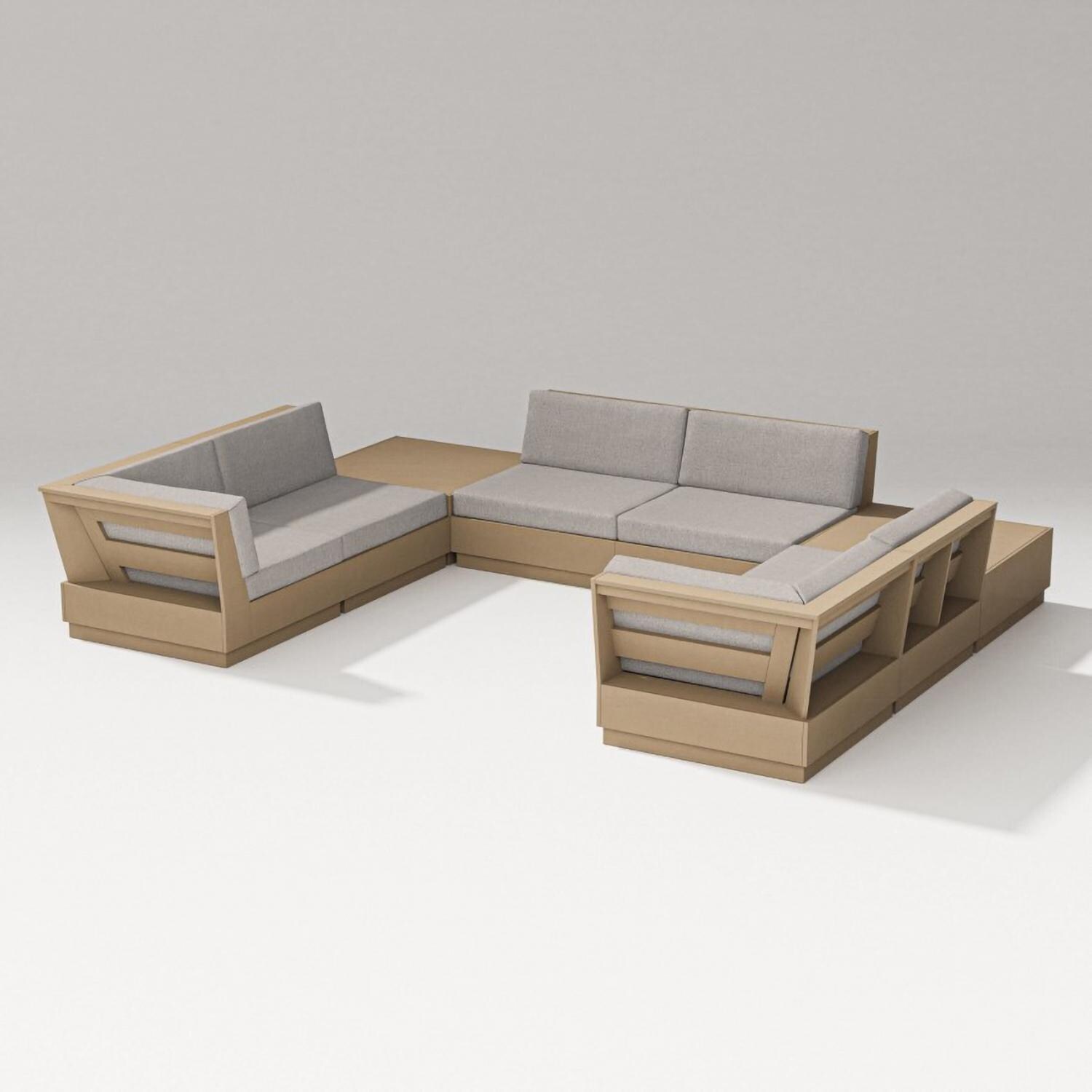 Elevate 8 Pc U-shaped Recycled Plastic Sectional Seating Set in Vintage Sahara/Weathered Tweed By PW Designer Series - Set - White Background thumbnail