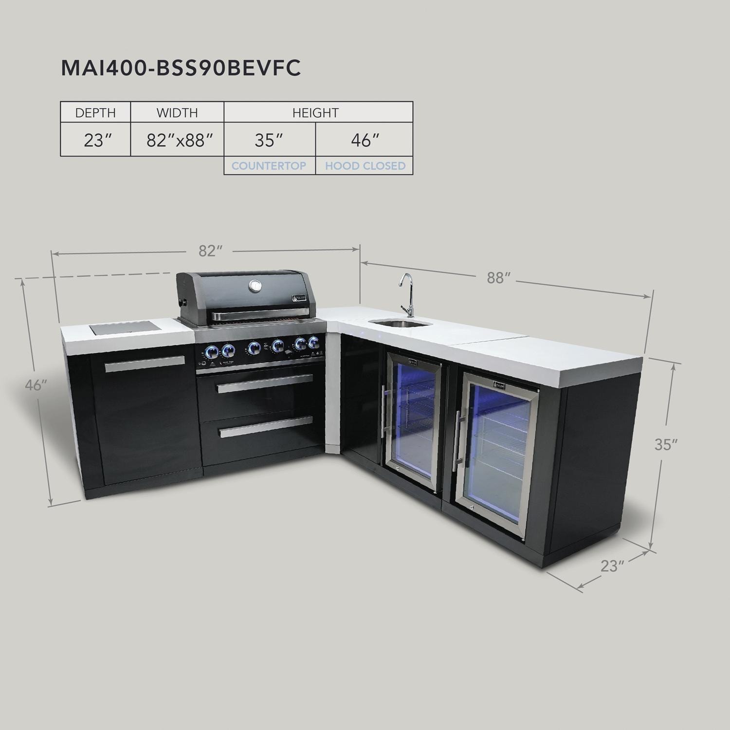 Mont Alpi Black Series 10 1/2 Ft L-Shaped Natural Gas Outdoor Kitchen Island w/ Side Burner, Beverage Center & Fridge (Ships Propane w/ Conversion Kit) - Dimensions - Dimensional thumbnail