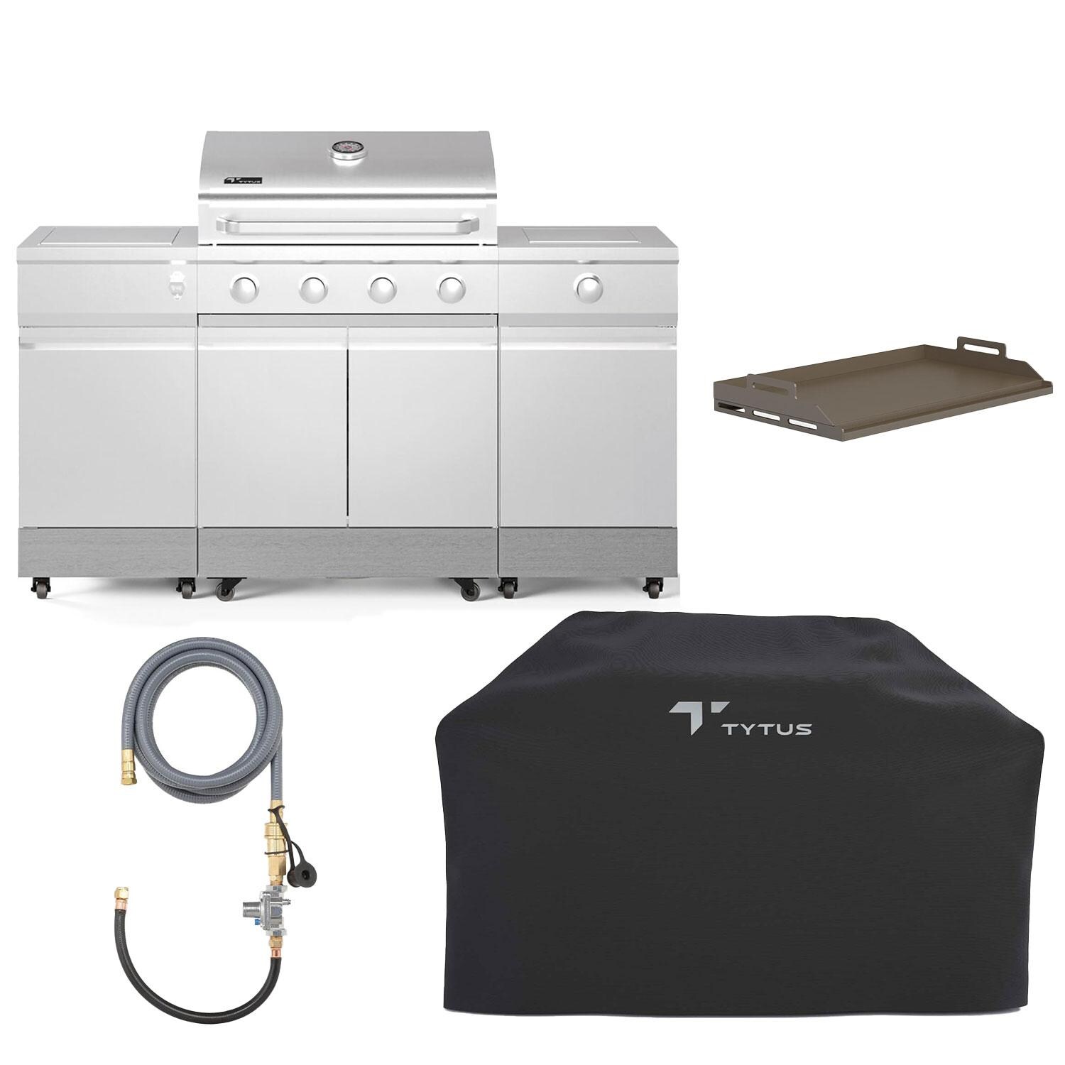  TYTUS Fresno Series 5-Burner Propane Island Grill in Stainless Steel + Carbon Wood w/ Cover & Griddle - All Included - White Background thumbnail