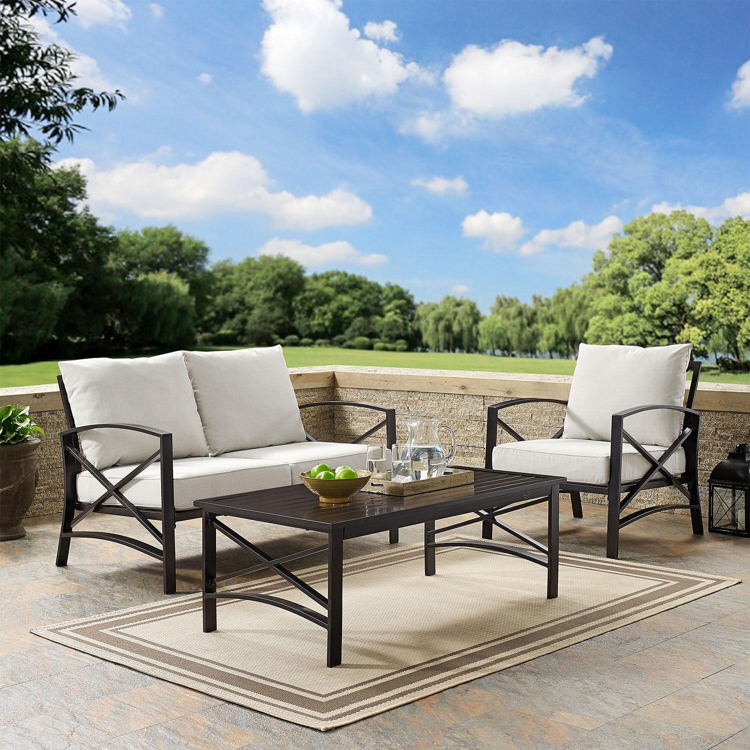 Windswept 3 Pc Steel Loveseat Seating Set in Oil Rubbed Bronze/Oatmeal by Ultimate Patio