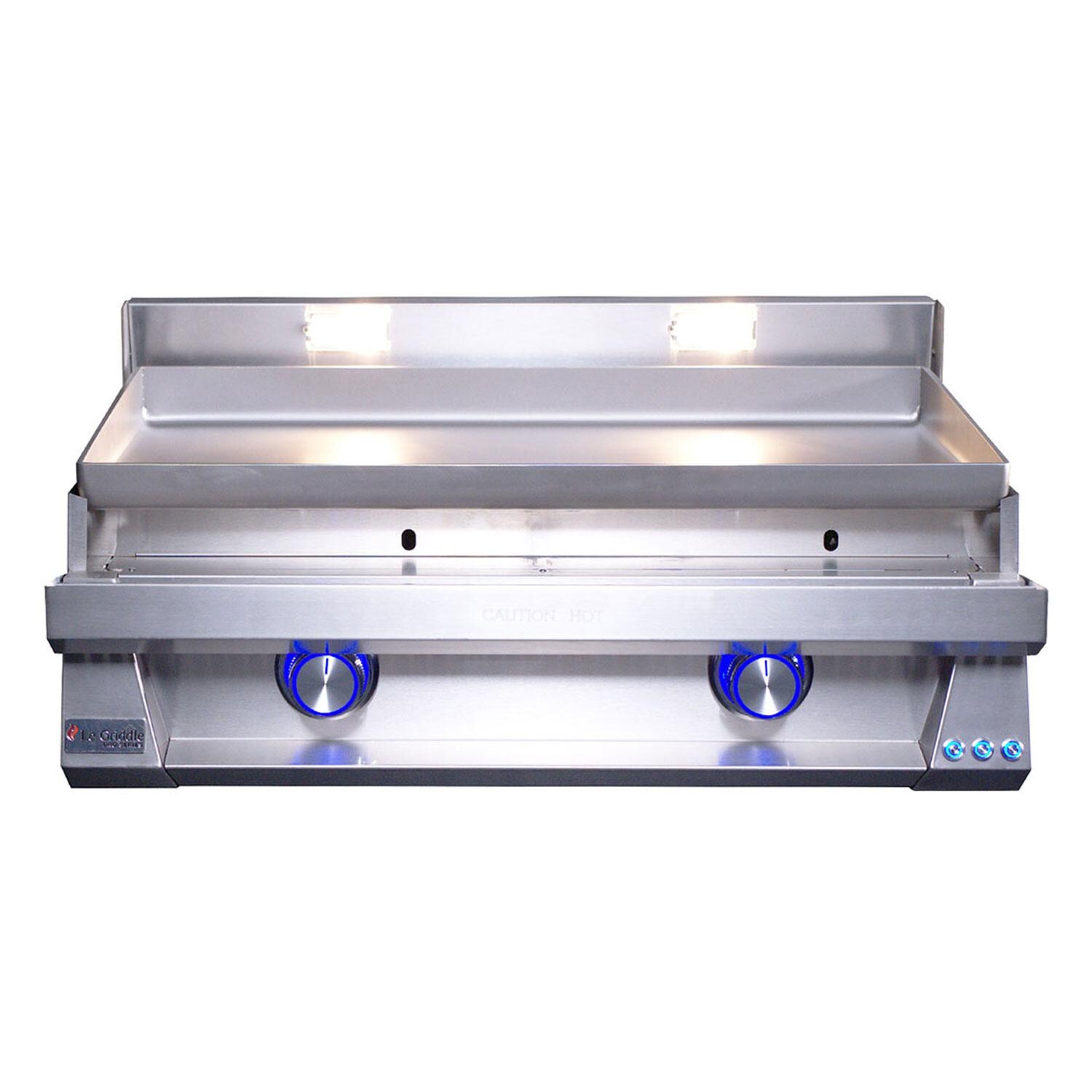 Le Griddle OML75P6 LP Pro Series 75 2 Burner Built-In Propane Flat Top Grill w/ 6mm Plate - Grease Disposal Trays Removed - Front View - White Background thumbnail