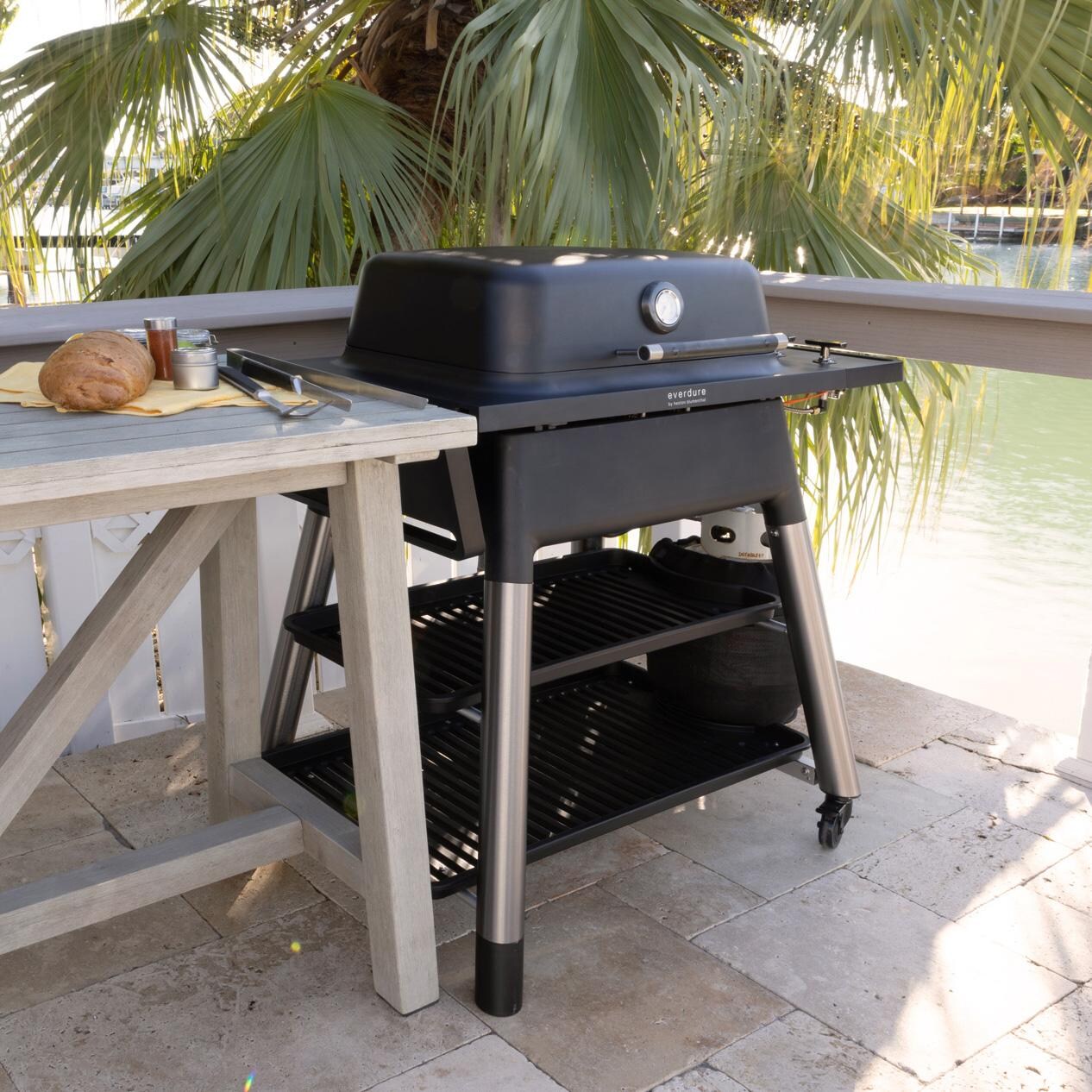 Everdure HBG2BUS Everdure FORCE 48-in 2 Burner Propane Grill w/ Stand - Black - HBG2BUS - On Patio Closed - Lifestyle thumbnail