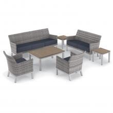 Argento 7 Piece Wicker Patio Conversation Set W/ Tekwood Vintage Tables & Midnight Blue Cushions By Oxford Garden image