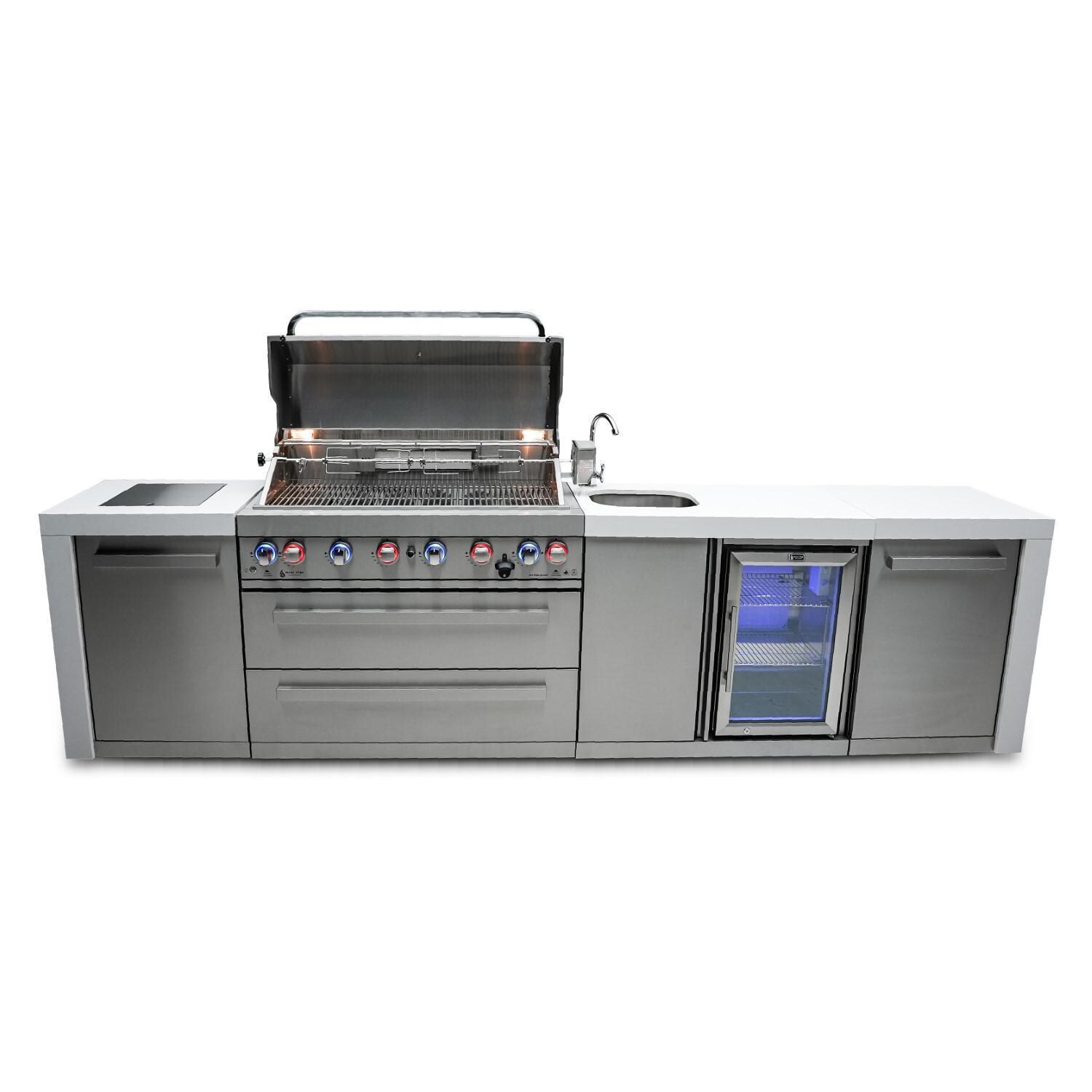 Mont Alpi - MAi400-DBEV - Mont Alpi 400 Deluxe Propane Gas Island Grill W/ Beverage Center, Infrared Side burner, and Rotisserie Kit - Open Front - White Background thumbnail