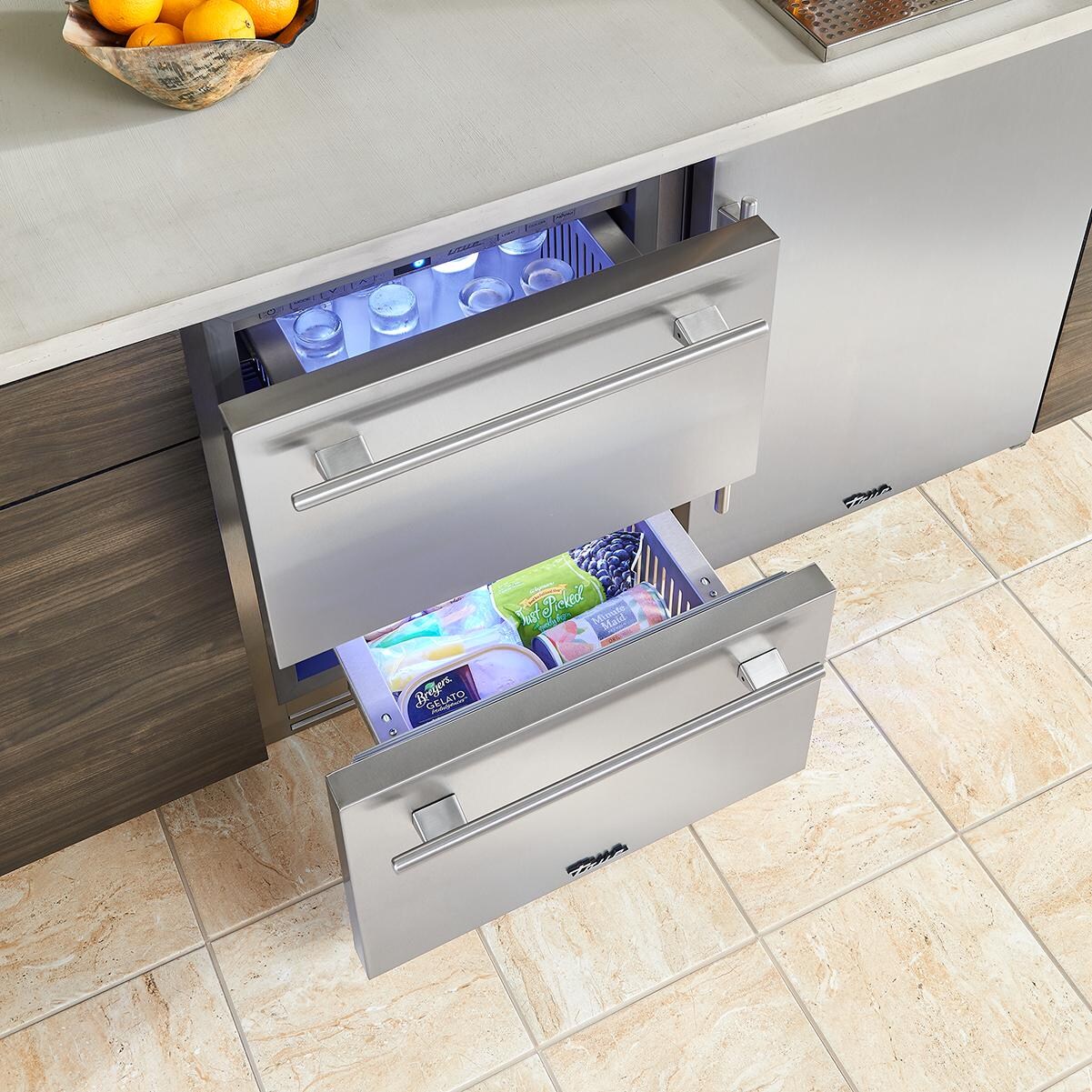 True TURADA-24-D-A~027-H04 ADA Height 24 Inch 5 Cu. Ft. Outdoor Refrigerator Drawers in Matte Black w/ Stainless Steel Handles - Open From Above (Shown in Stainless Steel) - Lifestyle thumbnail