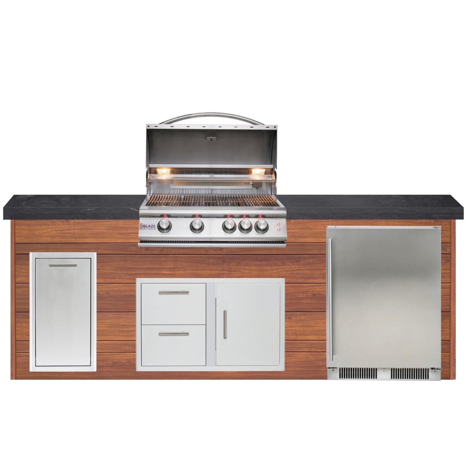 BBQGuys Signature 8ft Luxury Outdoor Island W/ Blaze Premium LTE 32-Inch Propane Grill & Outdoor Rated Refrigerator - Light National Walnut Aluminum w/ Black Polished Granite