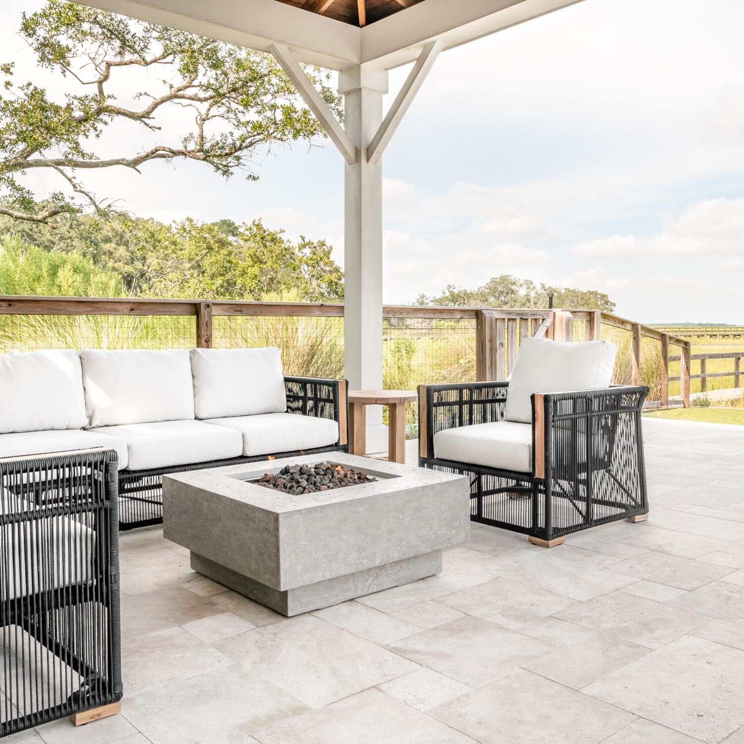 Teak + Table Breeze Olefin Rope & Teak Patio Club Chair in Charcoal/Natural - Gazebo Chat Set Close-Up - Lifestyle thumbnail