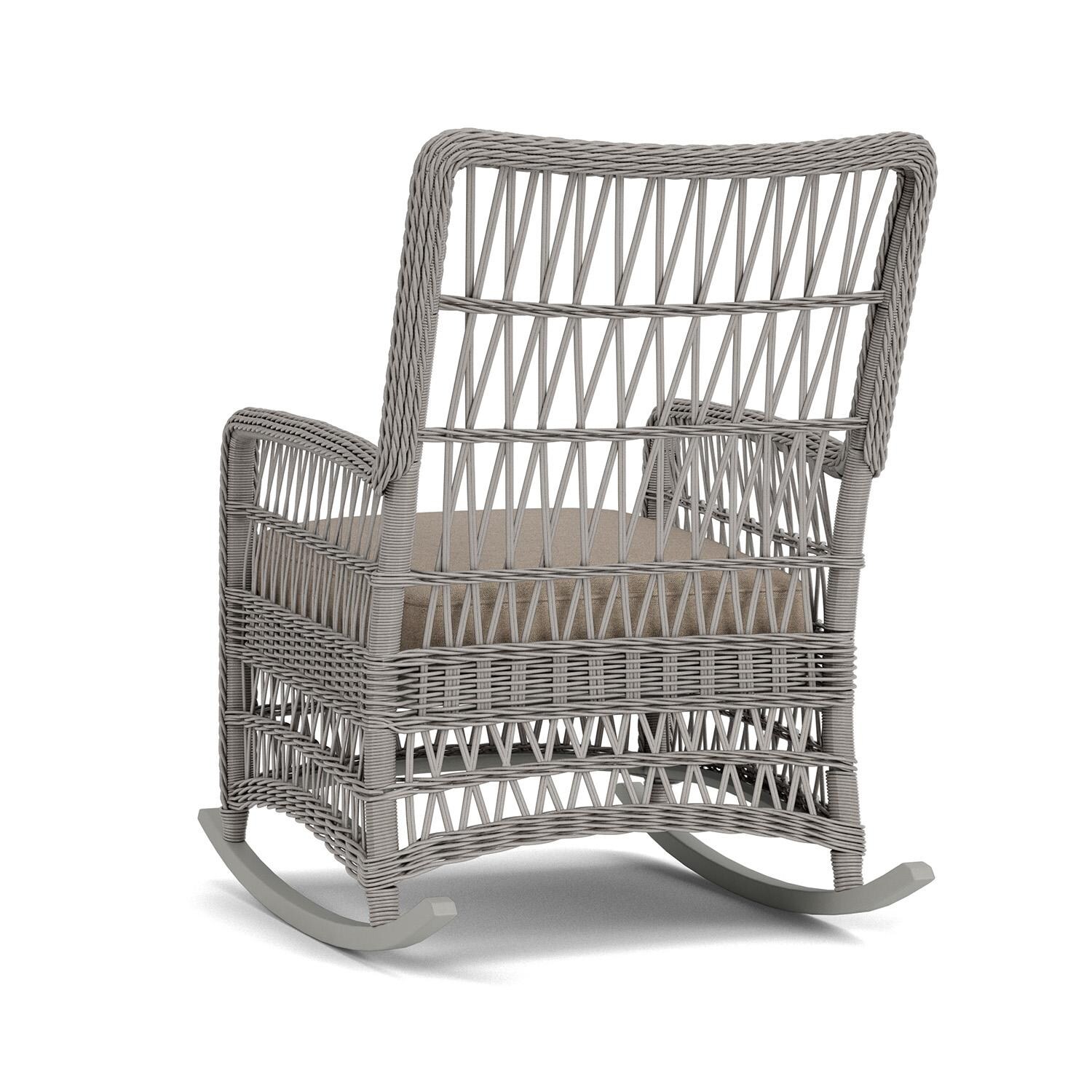 Lloyd Flanders Mackinac High Back Porch Rocker in Putty Finish with Demo Oatmeal fabric - Rear Left thumbnail