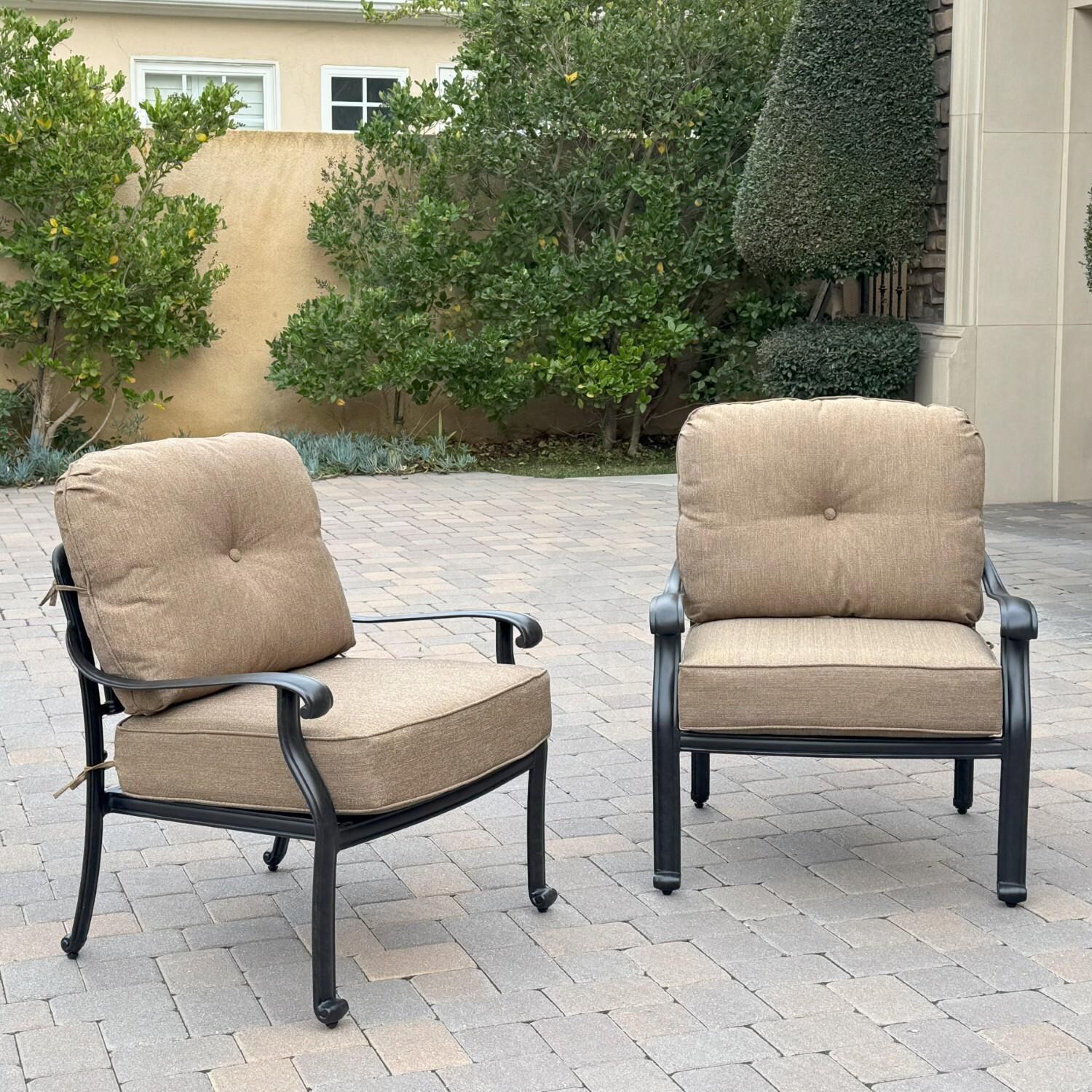 Elisabeth 5 Pc Set Cast Aluminum Seating Set w/ 42 Inch Round Table w/ 4 Club Chairs in Sesame/Antique Bronze by Darlee - Chairs w/ Cushion - Lifestyle thumbnail