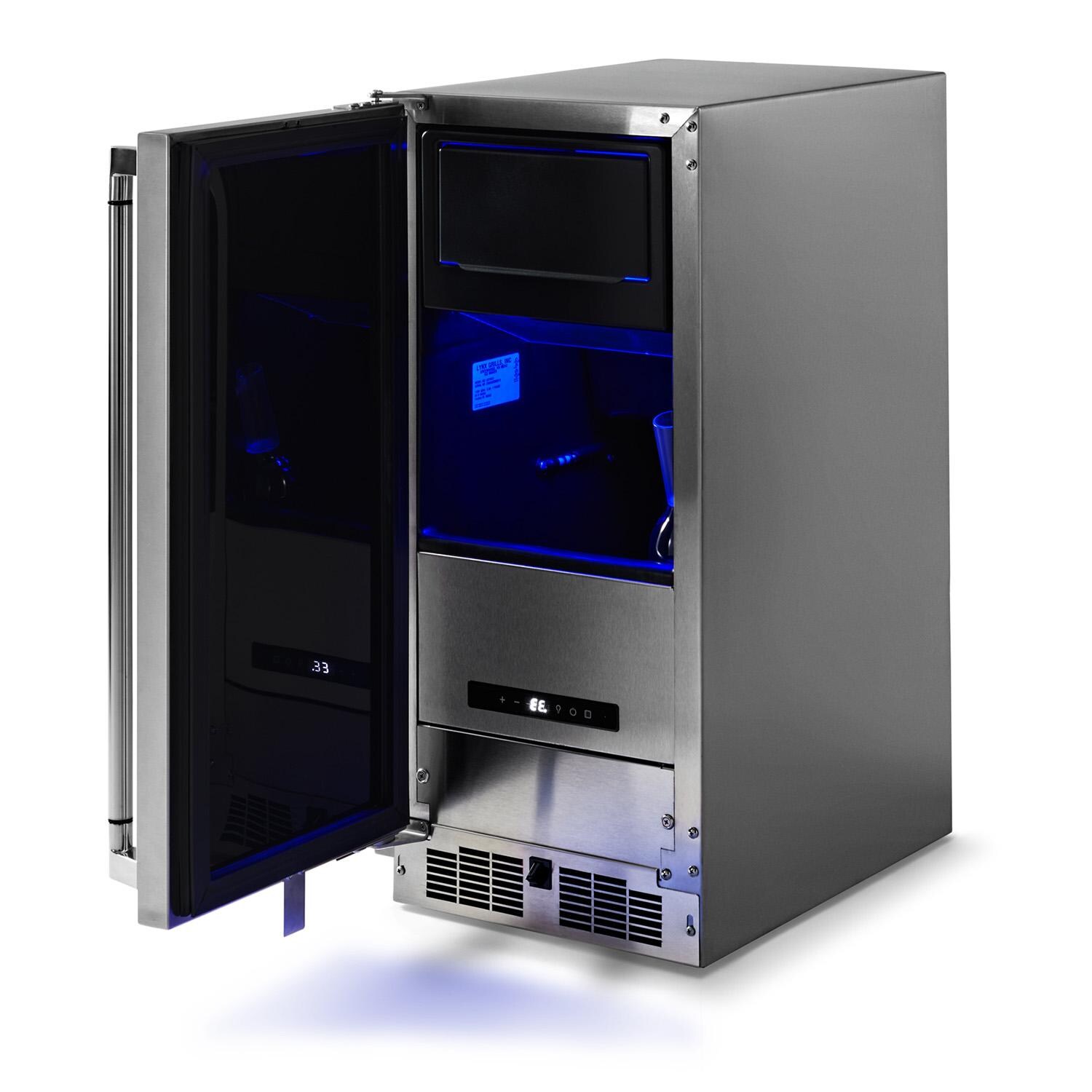 Lynx LN15ICE 20 Lb. 15-in Outdoor Rated Clear Ice Maker w/ Lock - Angled Door Open - White Background thumbnail