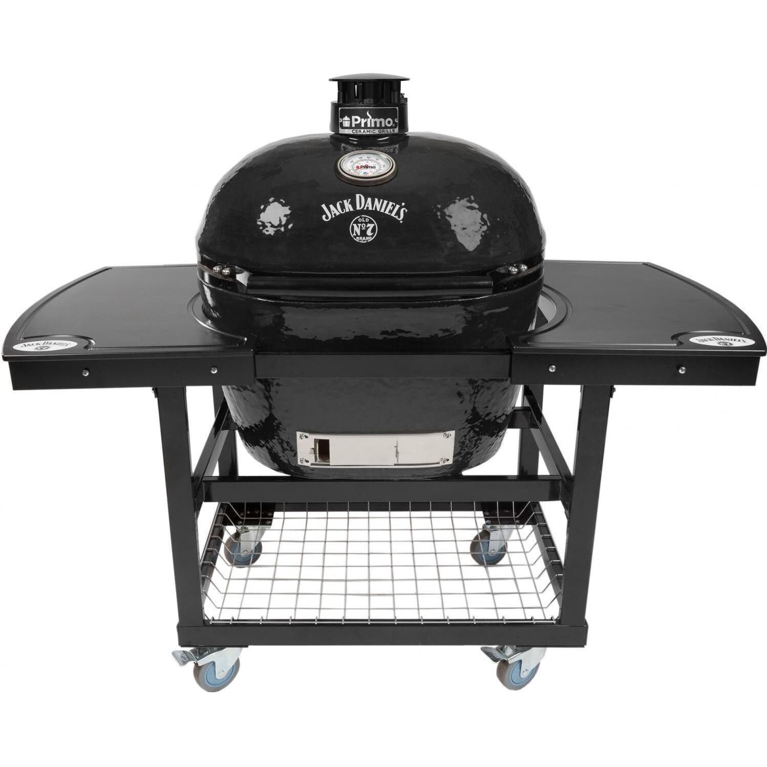 Primo PGCXLHJ Jack Daniels Edition Oval XL 400 Ceramic Kamado Grill On Steel Cart With 2-Piece Island Side Shelves thumbnail