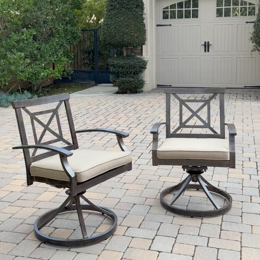 Atlantis Aluminum 2 Pc Set Swivel Rocker Dining Chair Set in Walnut/Beige by Darlee