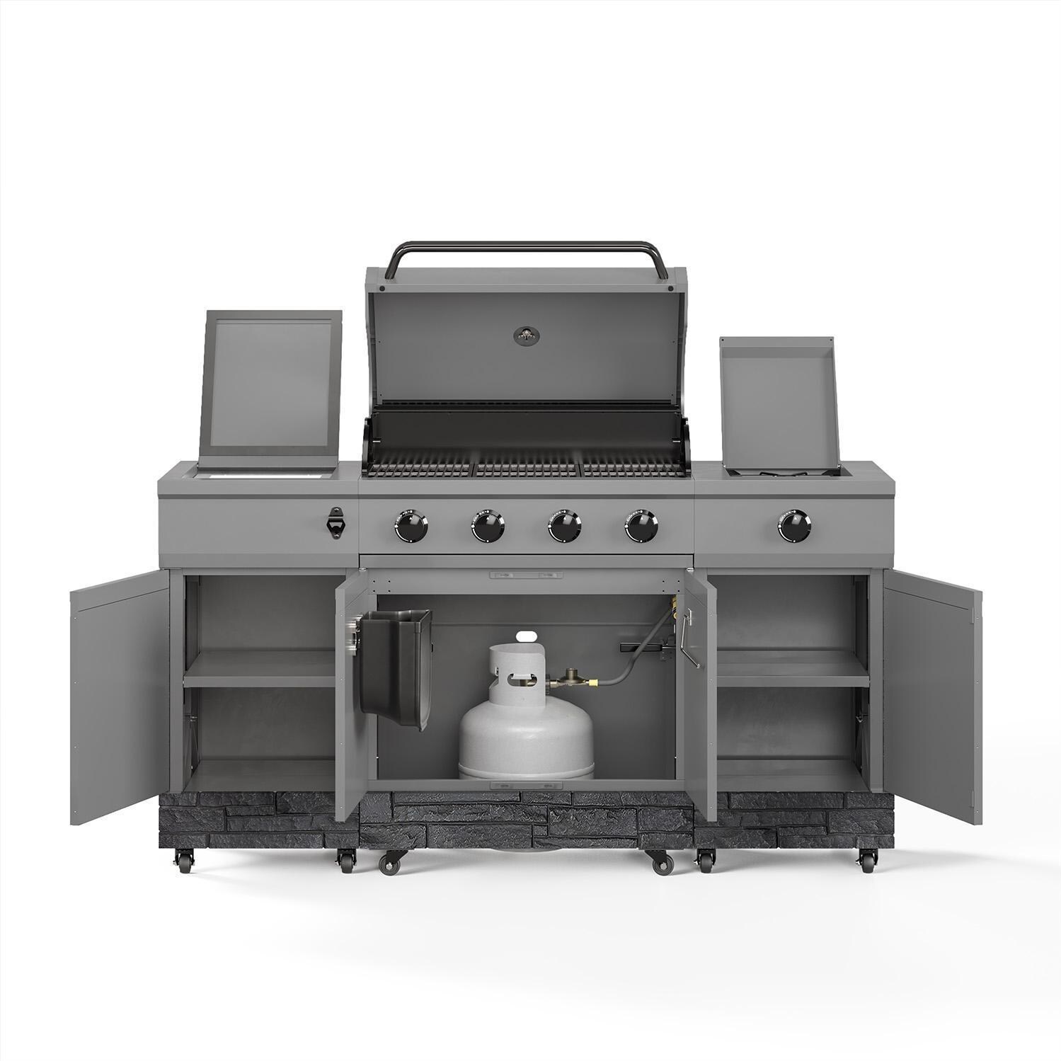 TYTUS Fresno Series Gunmetal Gray & Graphite Stone Natural Gas Grill Island (Ships Propane w/ Conversion Kit) - Cabinets Open - White Background thumbnail