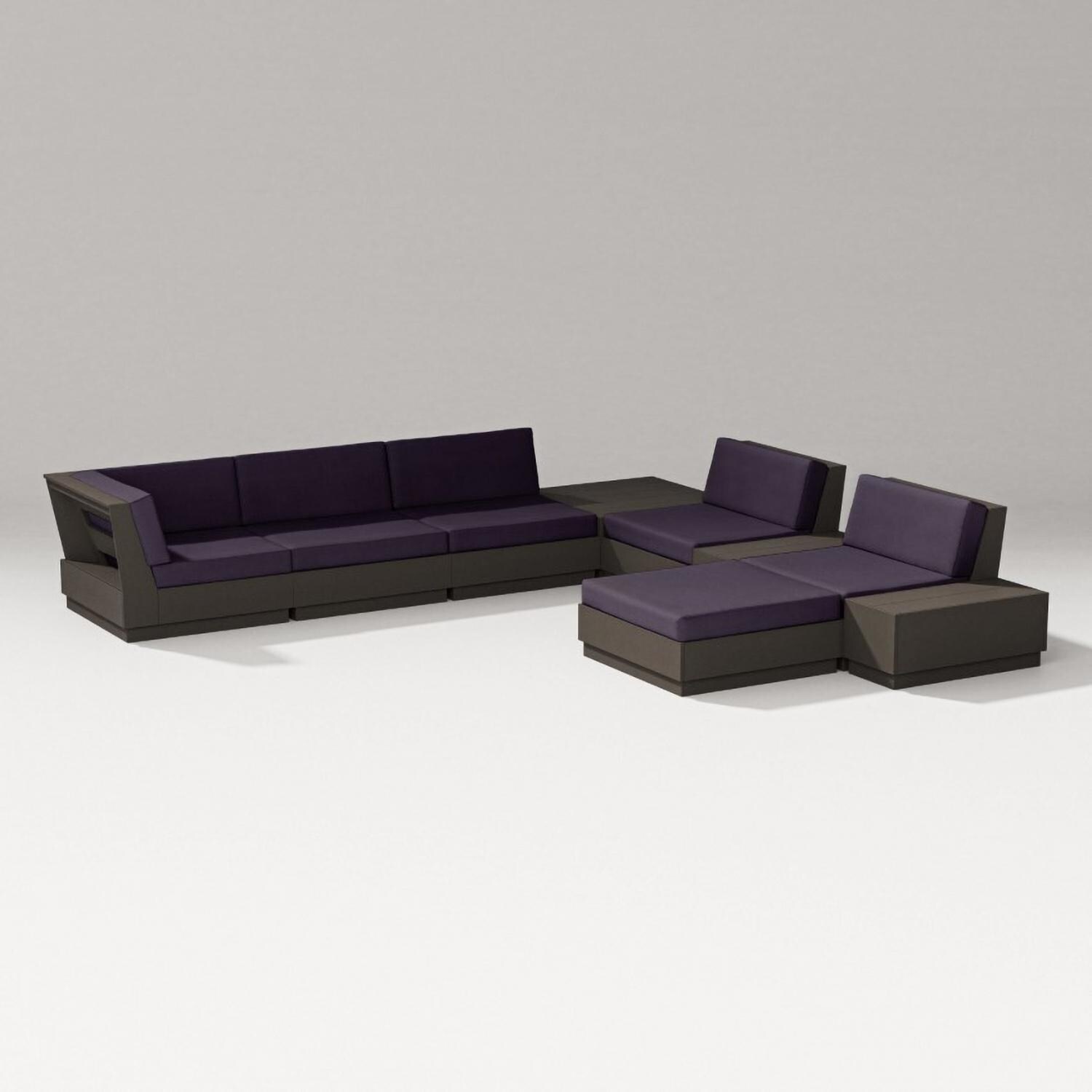 Elevate 9 Pc Recycled Plastic Sectional Seating Set in Vintage Coffee/Navy Linen By PW Designer Series