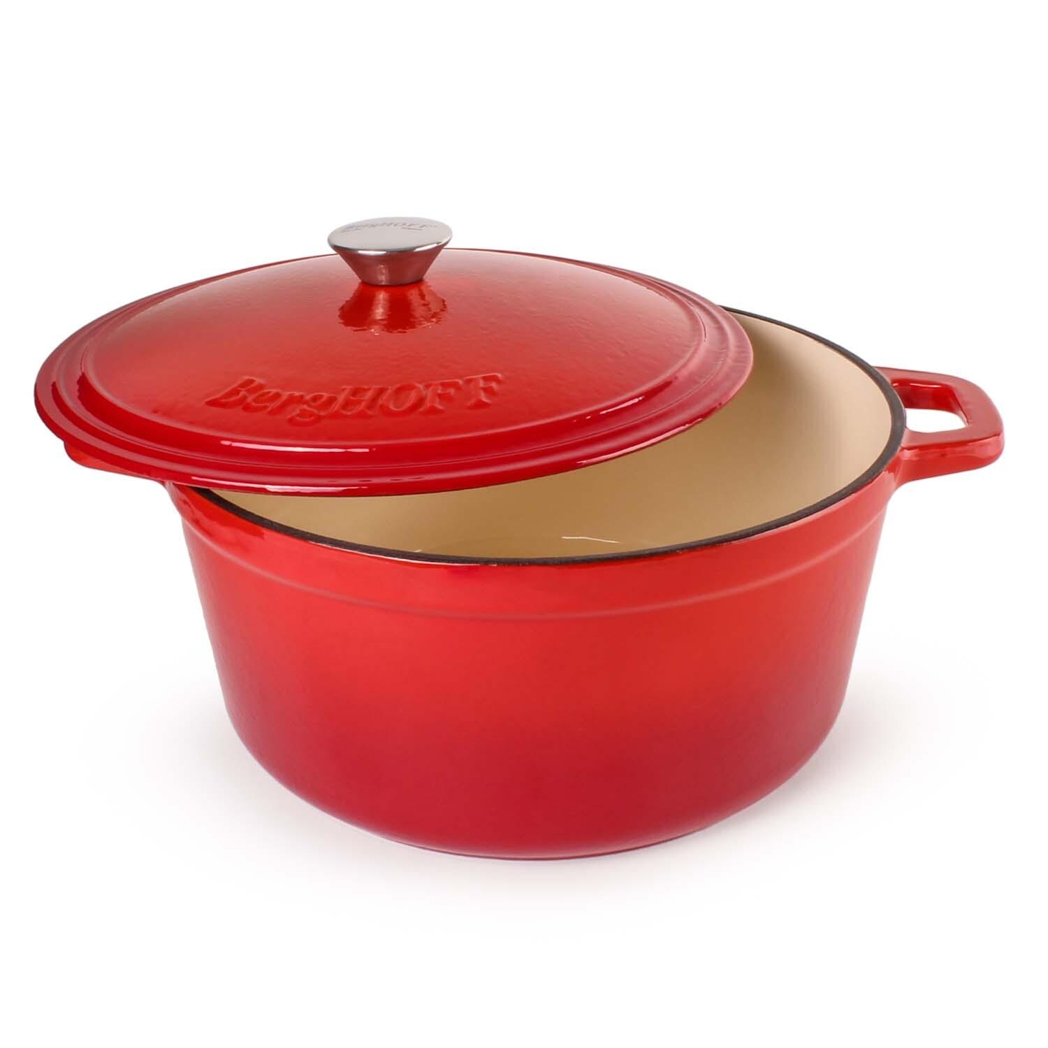 BergHOFF 11-in Neo Cast Iron 7 Qt. Round Dutch Oven w/ Lid - Red - Lid Propped Left - White Background thumbnail