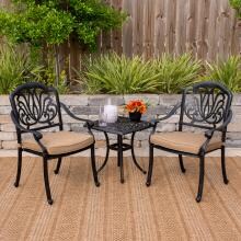 Rosedown 3 Piece Cast Aluminum Patio Bistro Set W/ 21 Inch Square Table & Sunbrella Linen Sesame Cushions By Lakeview Outdoor Designs image