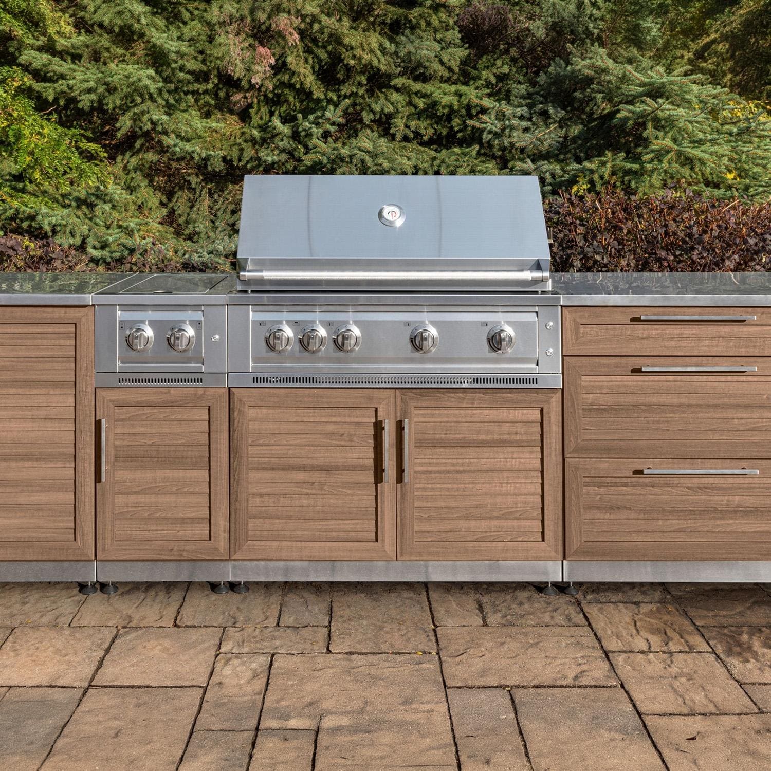 NewAge Products 71054 Classic Series 8 Ft Outdoor Kitchen Island w/ 33-in Propane Grill, Trash Bin, Door & Drawer in Grove/Stainless Steel - On Patio Up Close - Lifestyle thumbnail