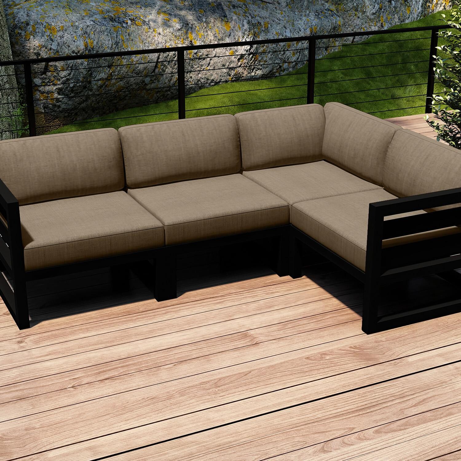 Lakeview MSTYCV-BK-4SEC-HB Misty Cove 4 Pc Aluminum Sectional Set in Black w/Heather Beige Cushions by Lakeview Outdoor Designs - Set on Deck Cropped - Lifestyle thumbnail