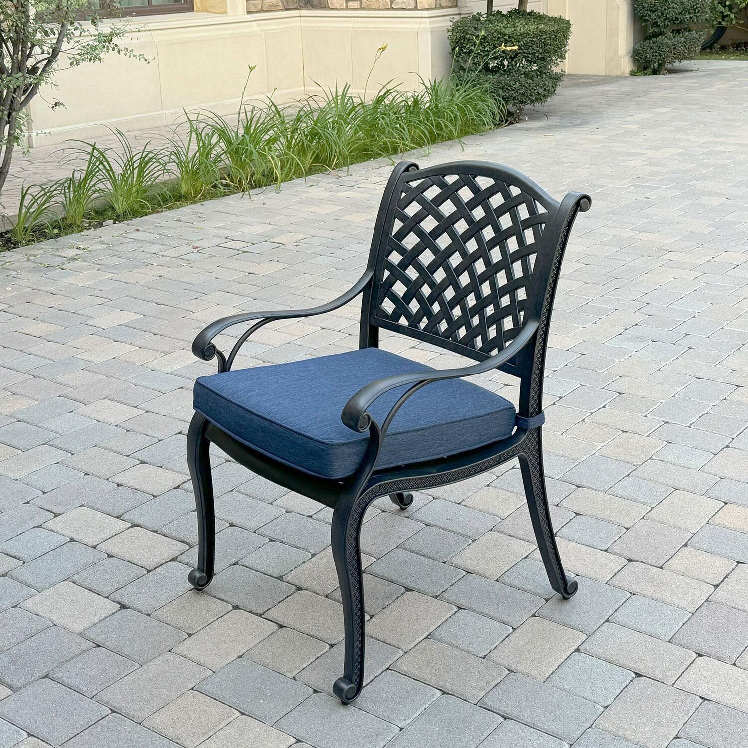 Nassau 7 Pc Cast Aluminum Patio Dining Set W/ 2 Swivel Rockers & Navy Blue Cushions By Darlee - Dining Chair - Back Patio - Lifestyle