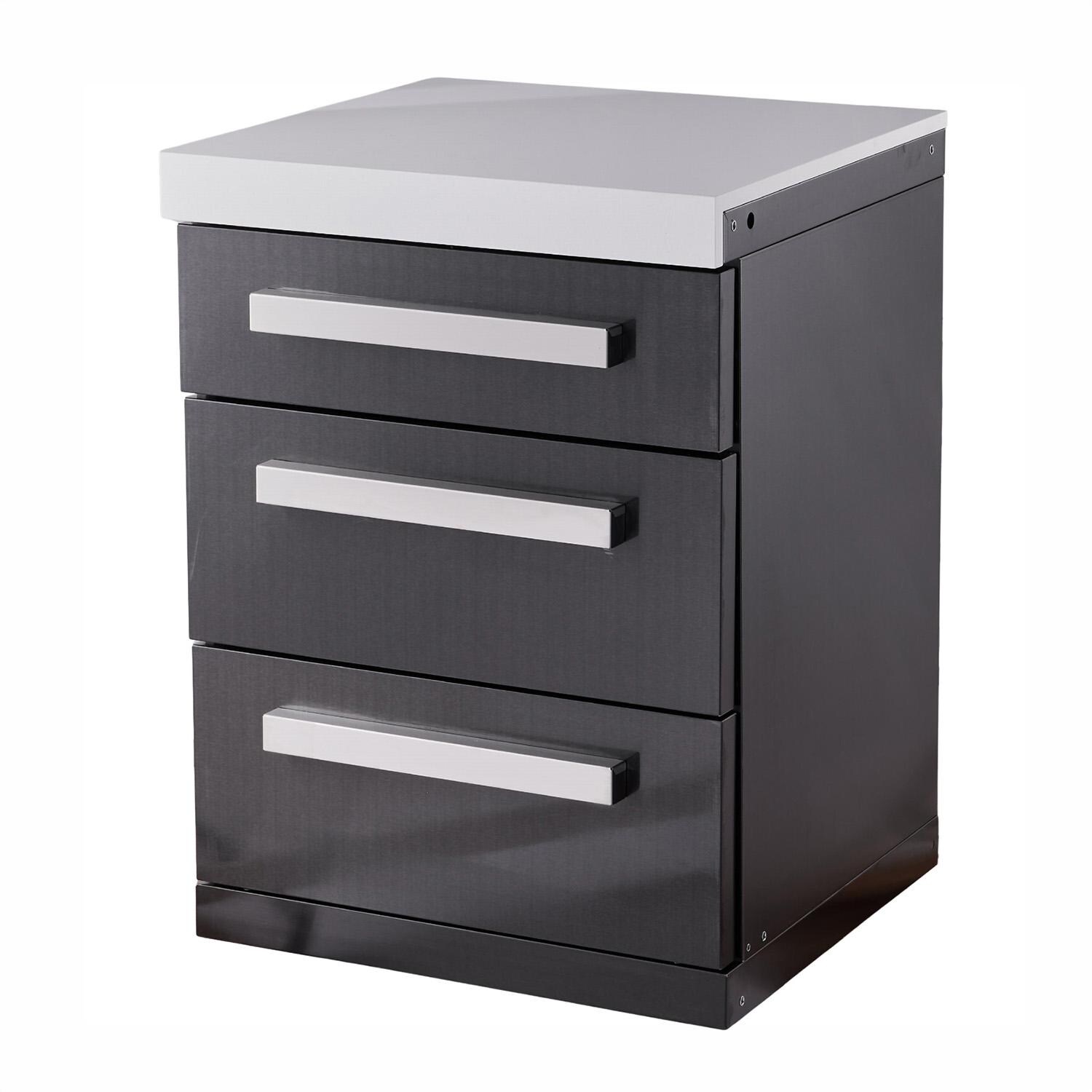 Mont Alpi MADRW-BSS Outdoor Rated Triple Drawer Cabinet Module - Black Stainless Steel - Angled Left - White Background thumbnail