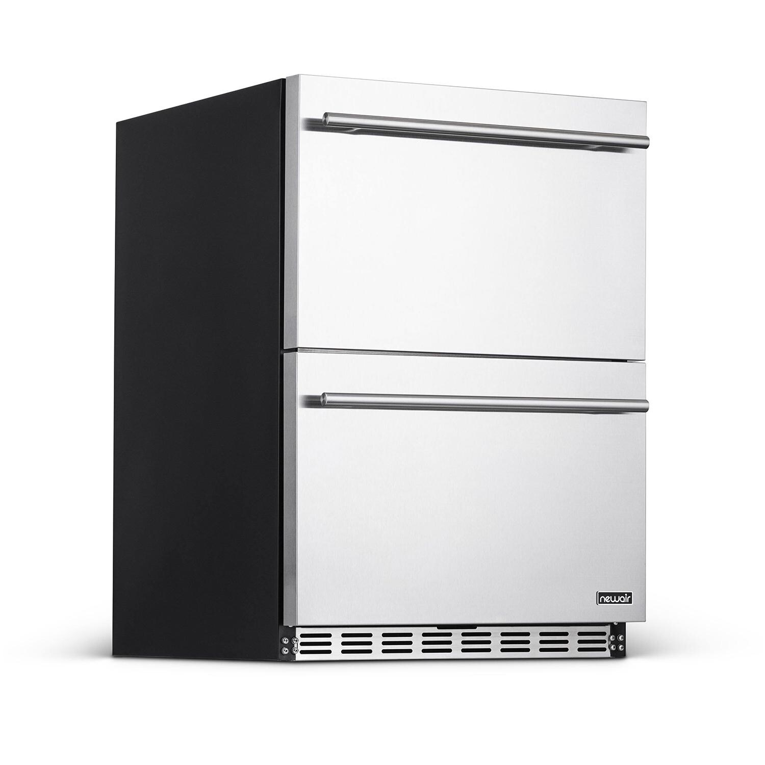 Newair NOF100SS00 24-Inch Built-in 20 Bottle & 80 Can Dual Drawer Wine & Beverage Fridge - Angled View thumbnail