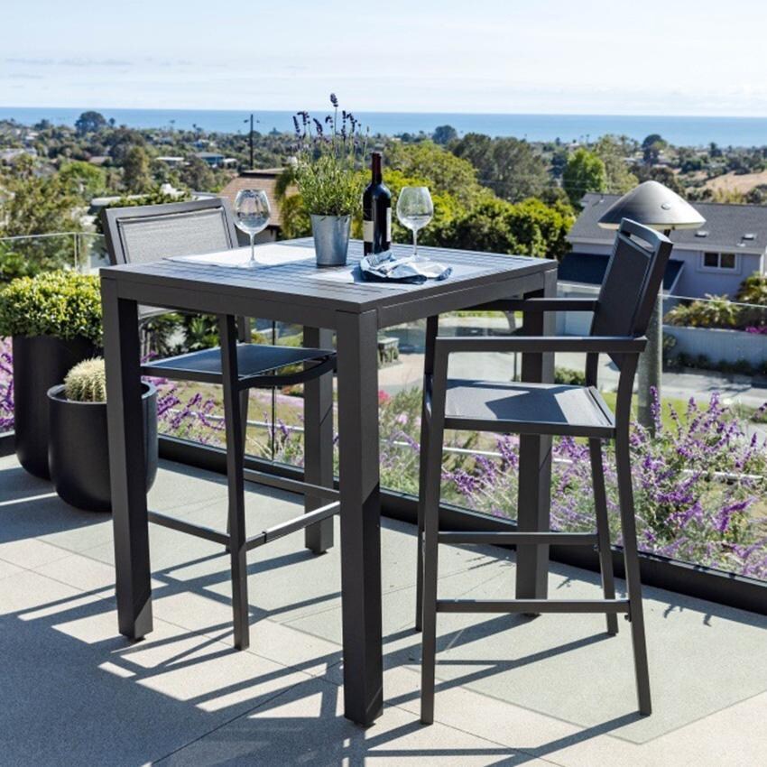 Sunset West Vegas 36-Inch Square Aluminum Patio Pub Table W/ Umbrella Hole - Shown w/ Set -Lifestyle thumbnail
