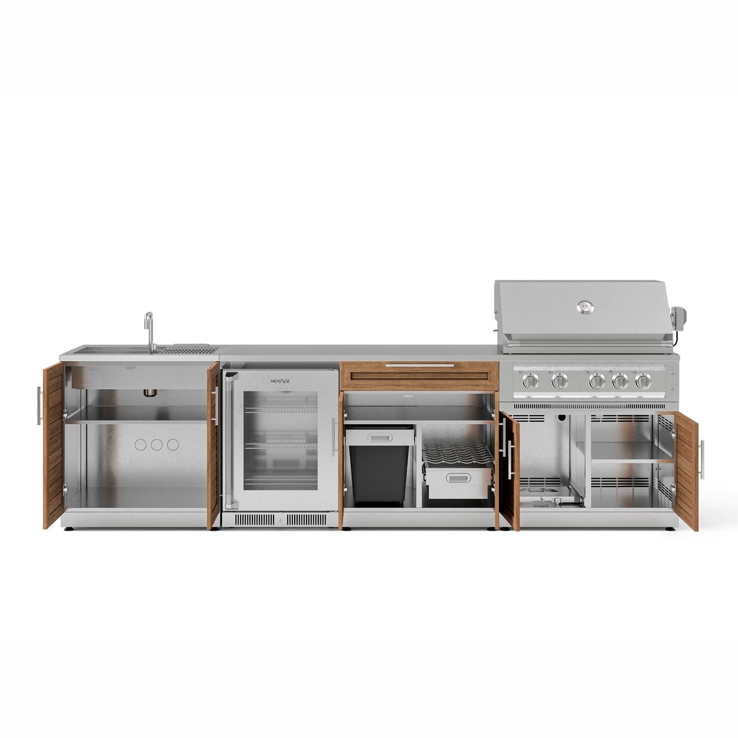 NewAge Products 66392 Classic Series 10 1/2 Ft Outdoor Kitchen Island w/ 36-in Propane Grill, Sink, Glass Door Refrigerator, Trash Bin, Door & Drawer in Grove/Stainless Steel - Open - White Background thumbnail