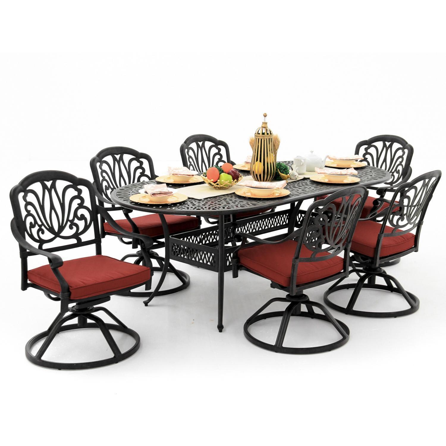 Rosedown 7 Piece Cast Aluminum Patio Dining Set With Swivel Rockers And 86 X 42-Inch Oval Table - Canvas Henna Angled View thumbnail