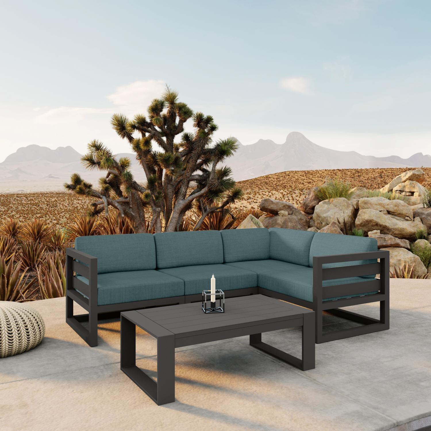 Misty Cove 5 Pc Aluminum Seating Set w/ Sectional & Portal Coffee Table in Slate/Cast Lagoon by Lakeview Outdoor Designs