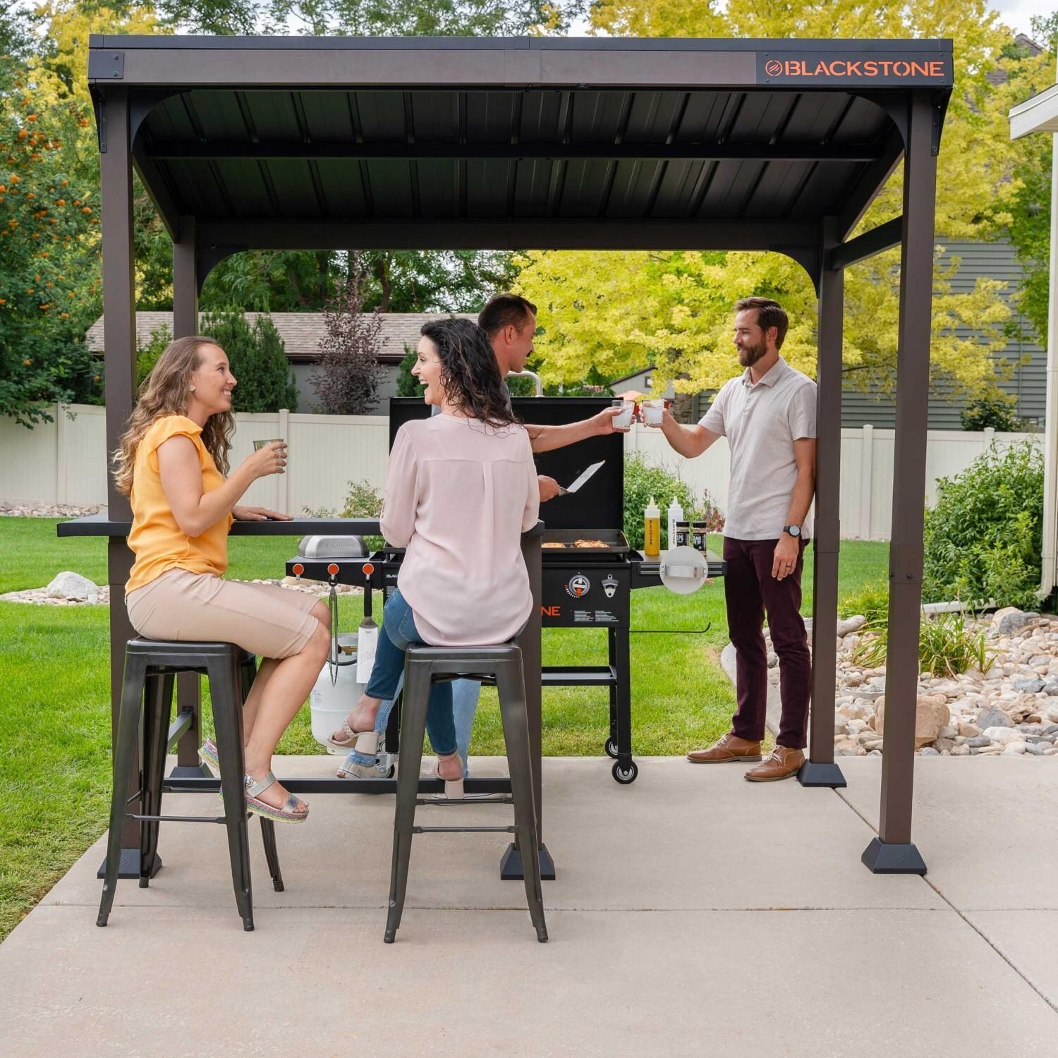 Blackstone 5 x 8-Foot Outdoor Pavilion - Friends Gathered Under Pavilion Chatting - Front View - Lifestyle thumbnail