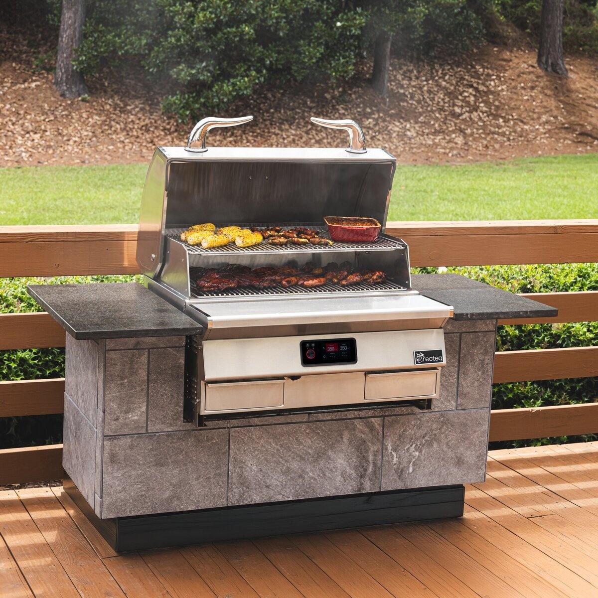 recteq RT-1300ES E-Series 1300 Built-In Wood Pellet Grill - Cooking on Upper and Lower Racks Shown w/ Outdoor Kitchen Island - Lifestyle thumbnail