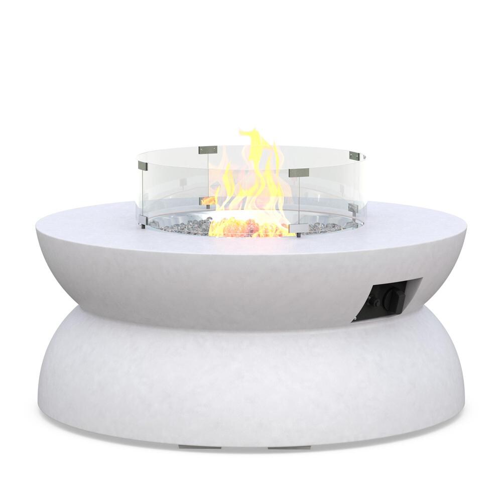 Azzurro Living Cabo 41 Inch Propane Fire Table W/ Tank Cover in White - Angled W/ Flame - White Background thumbnail