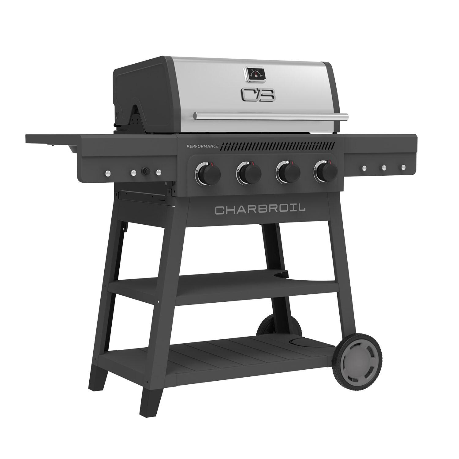 Charbroil 463349025 Performance Series 4-Burner Propane Grill A-Frame Cart - Grey & Stainless Steel - Right Angle - White Background thumbnail