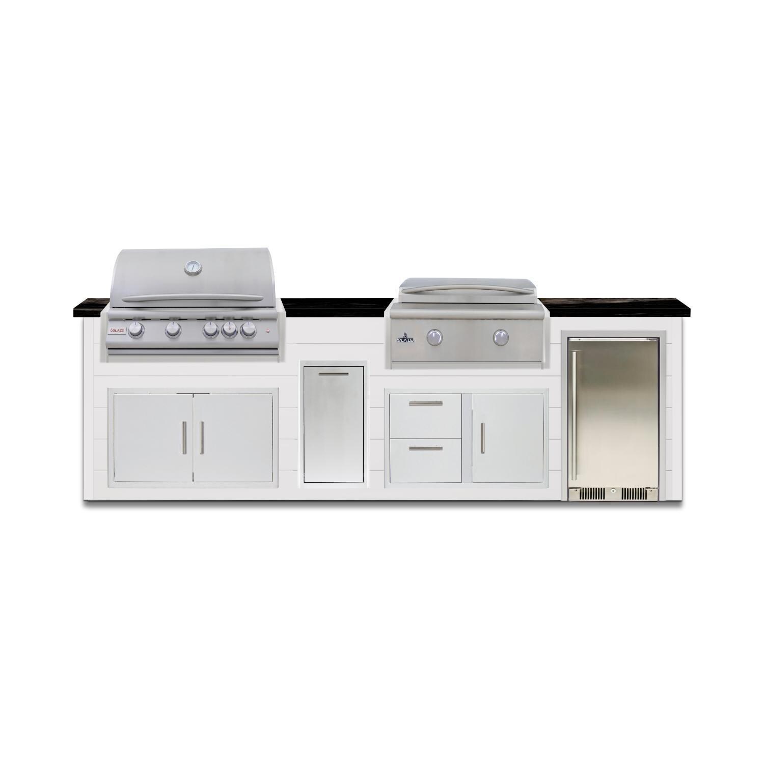 BBQGuys Signature 10 Ft Grill Island w/ 32 Inch Propane Blaze Premium LTE+ Grill & Griddle, Narrow Trash Bin & Door & Drawer | Crystal White w/ Nero Mist Granite - Front - White Background thumbnail