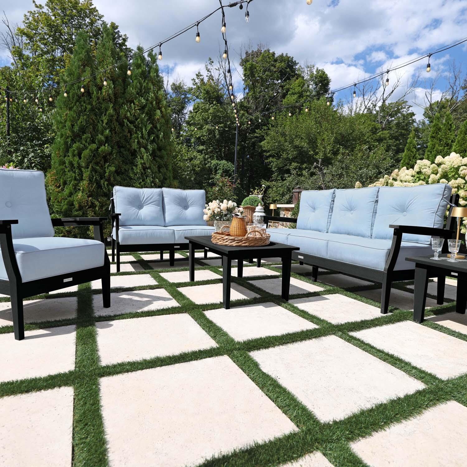 Blushing Bay 6 Pc Recycled Plastic Grand Seating Set in Bliss Dew/Black by Lakeview Outdoor Designs - Front View - Lifestyle thumbnail