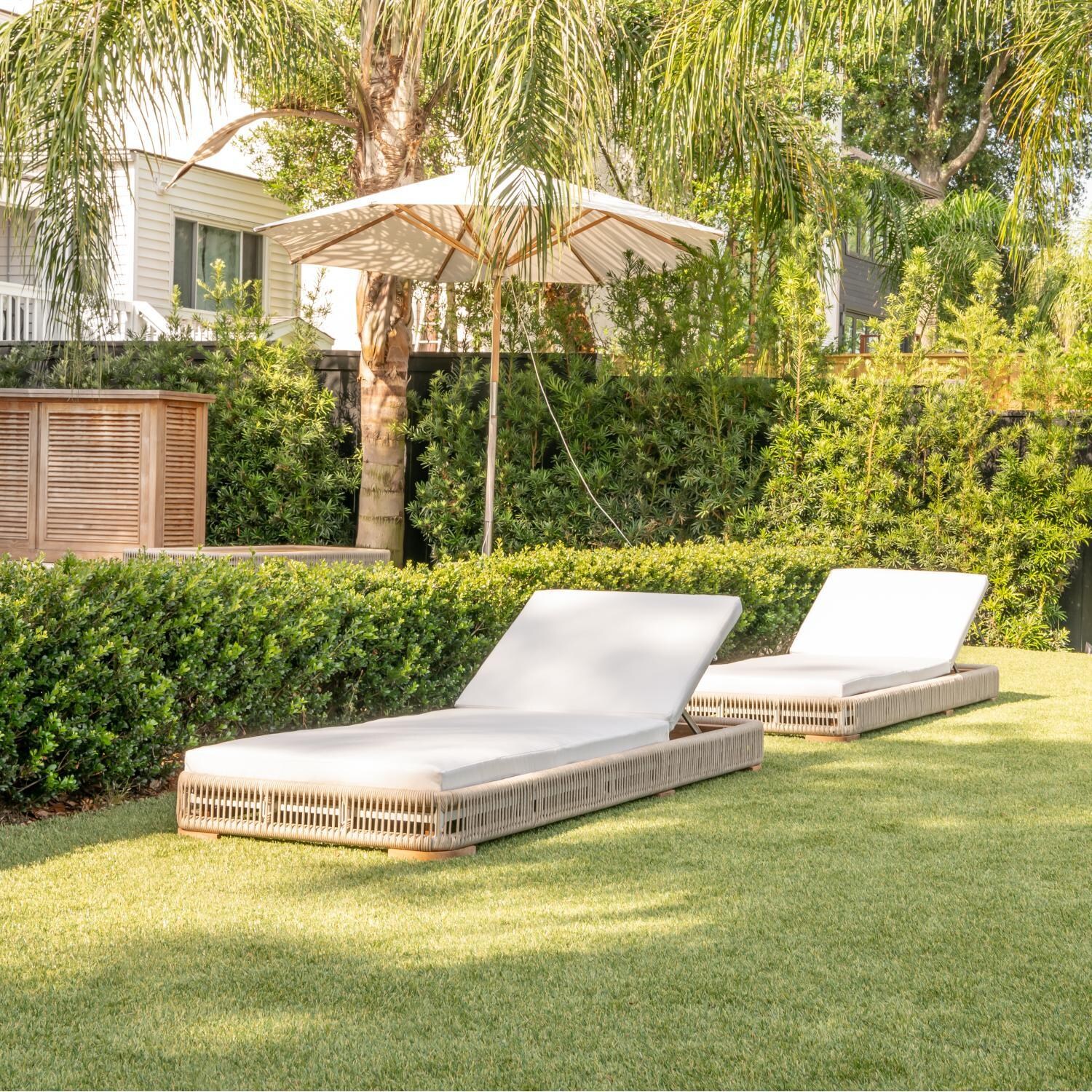Teak + Table Breeze Olefin Rope & Teak Patio Chaise Lounge in Dune/Sand - Landscape View - Lifestyle thumbnail