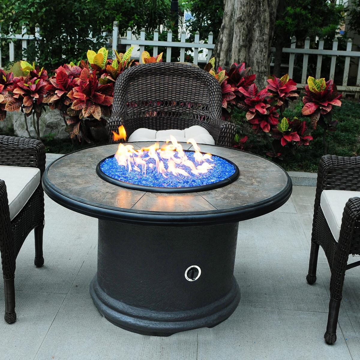 Tretco 44-Inch Traditional Round Concrete Fire Pit Table - Dark Brown W/ Tile Top - With Blue Fire Glass thumbnail
