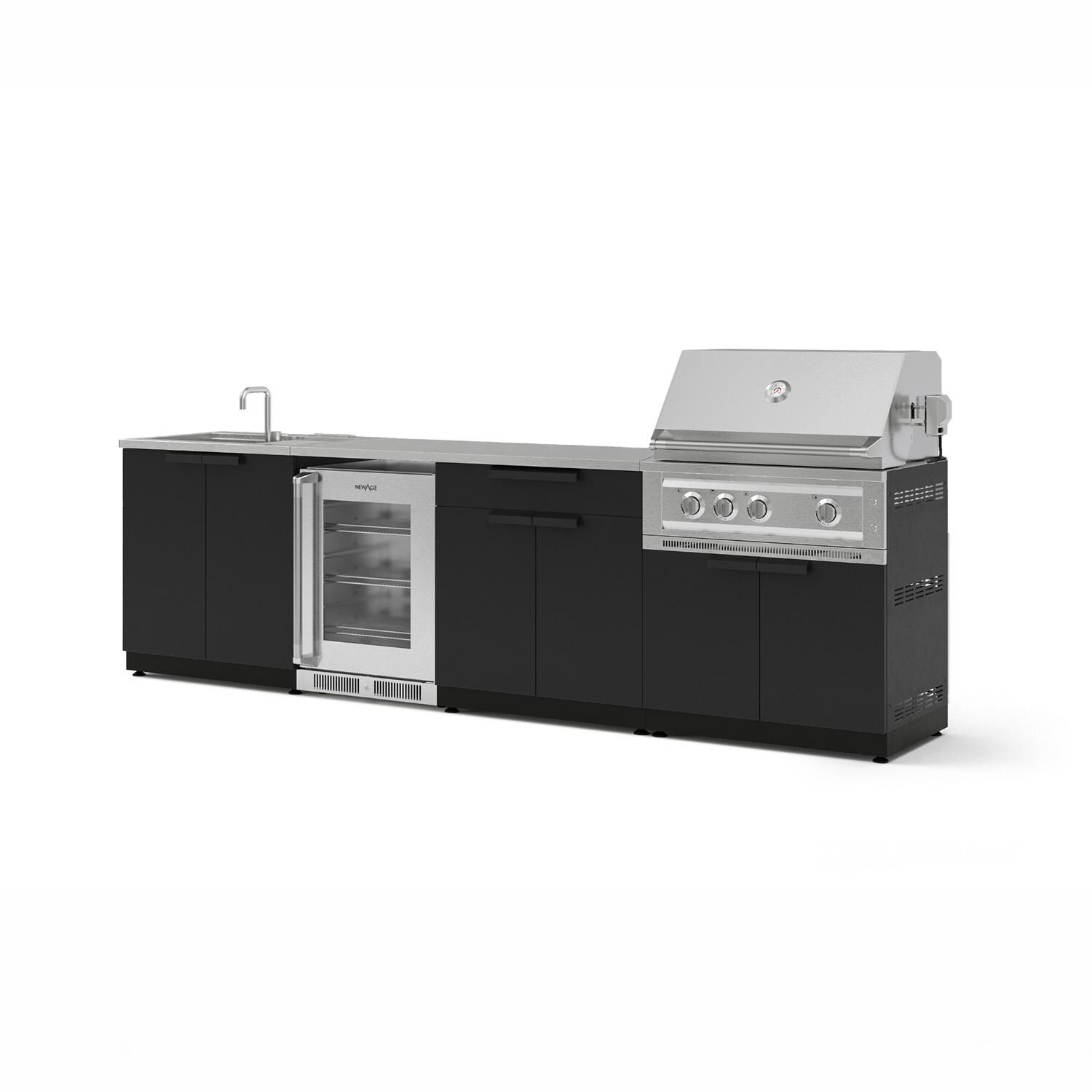 NewAge Products 71464 Classic Series 10 Ft Outdoor Kitchen Island w/ 33-in Propane Grill, Sink, Glass Door Refrigerator, Trash Bin, Door & Drawer in Matte Black/Stainless Steel - Angled - White Background thumbnail