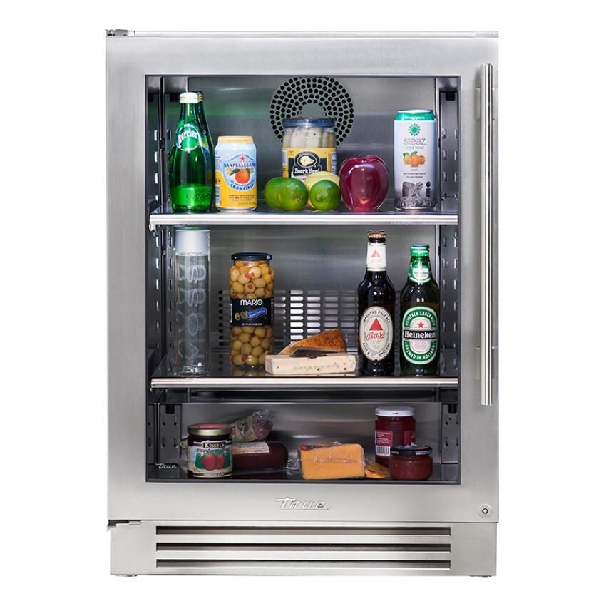 True 24 Inch 5.6 Cu. Ft. Left Hinge Glass Door Outdoor Refrigerator - Stainless Steel - TUR-24-L-SG-C