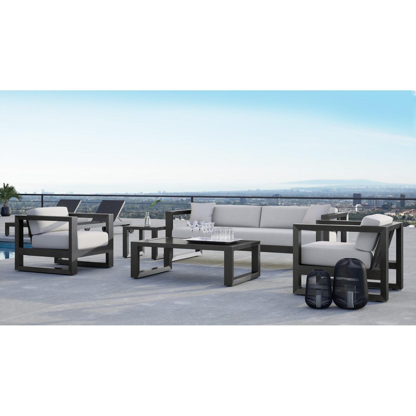 Sunset West - Redondo 5 Piece Aluminum Patio Conversation Set W/ Coffee Table, End Table, & Sunbrella Cast Silver Cushions - Full View thumbnail