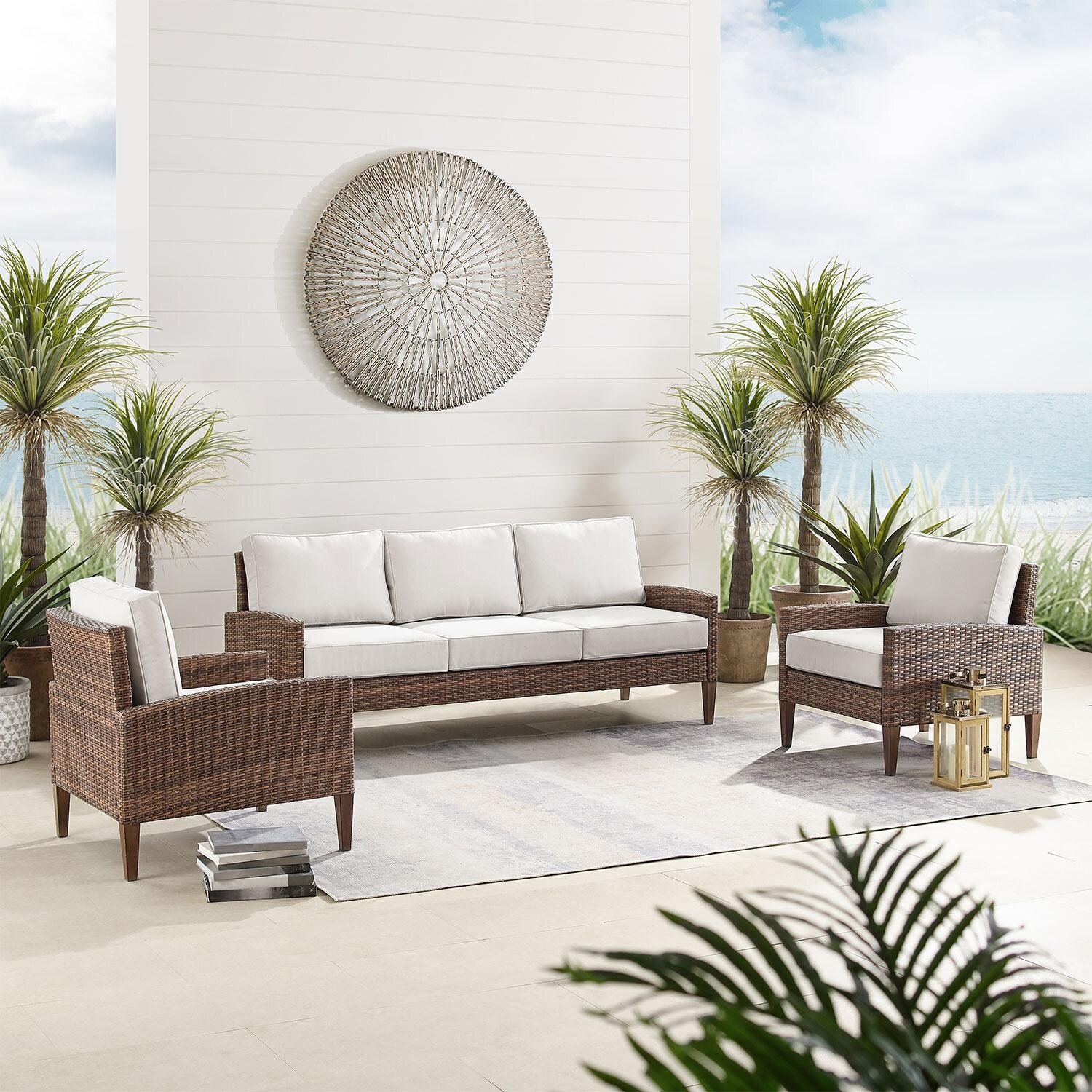 Ultimate Patio UP-92426BR-CR 3Pc Wicker Outdoor Sofa Patio Furniture Set in Creme - On Patio - Lifestyle thumbnail