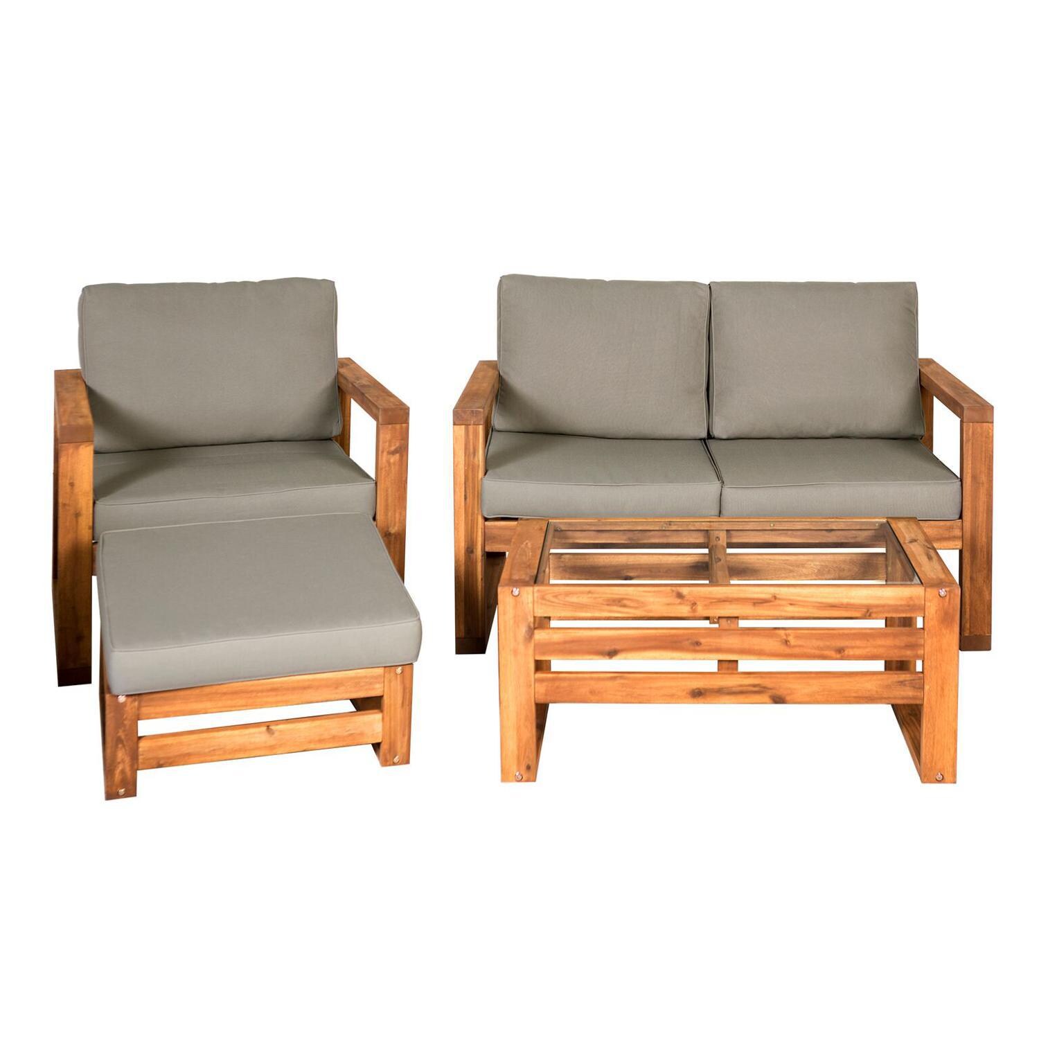 Ultimate Patio Window Bay 4 Piece Acacia Patio Conversation Set W/ Gray Cushions - Front View thumbnail