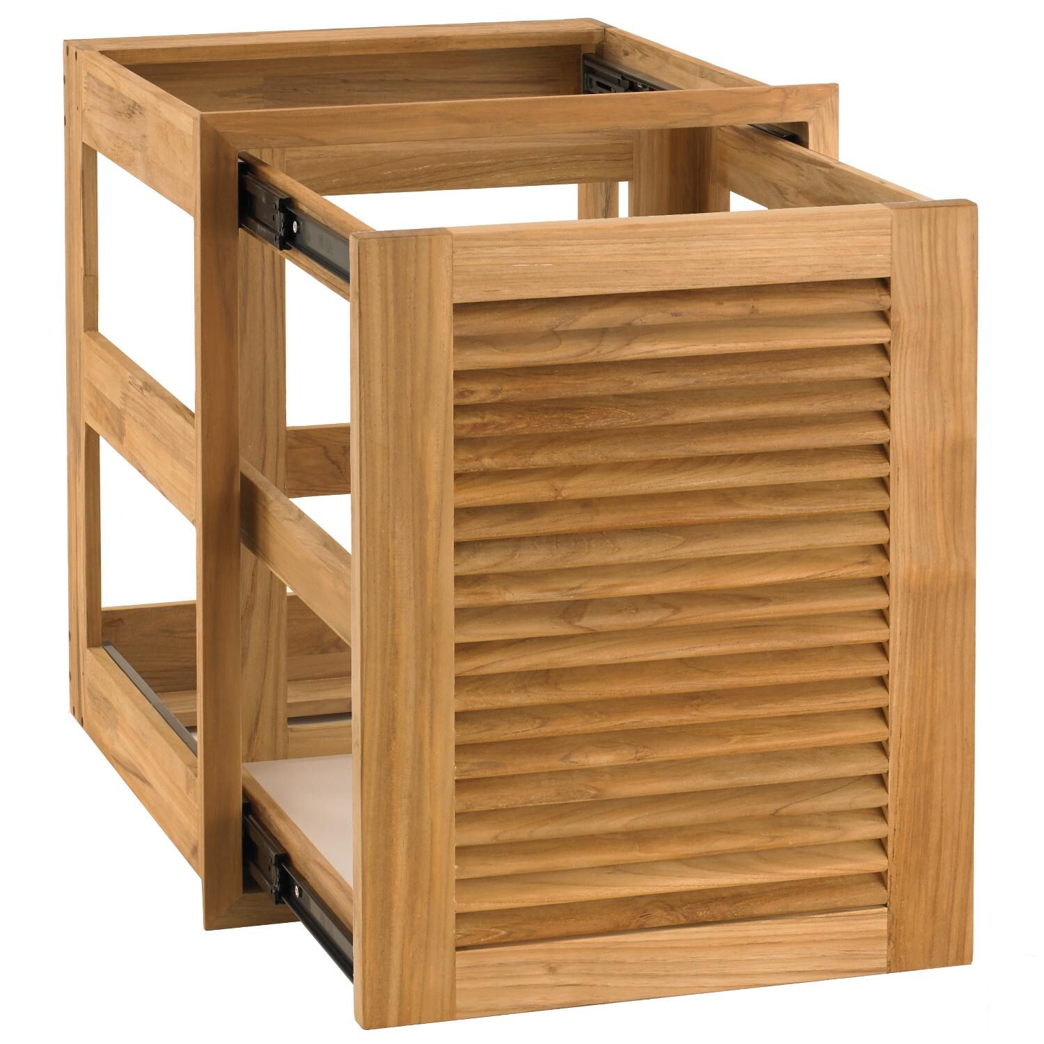 Pacific Teak POHDL-18L | Louver 18-inch Teak Wood Roll-Out Double Trash / Recycling Bin Drawer - Open thumbnail