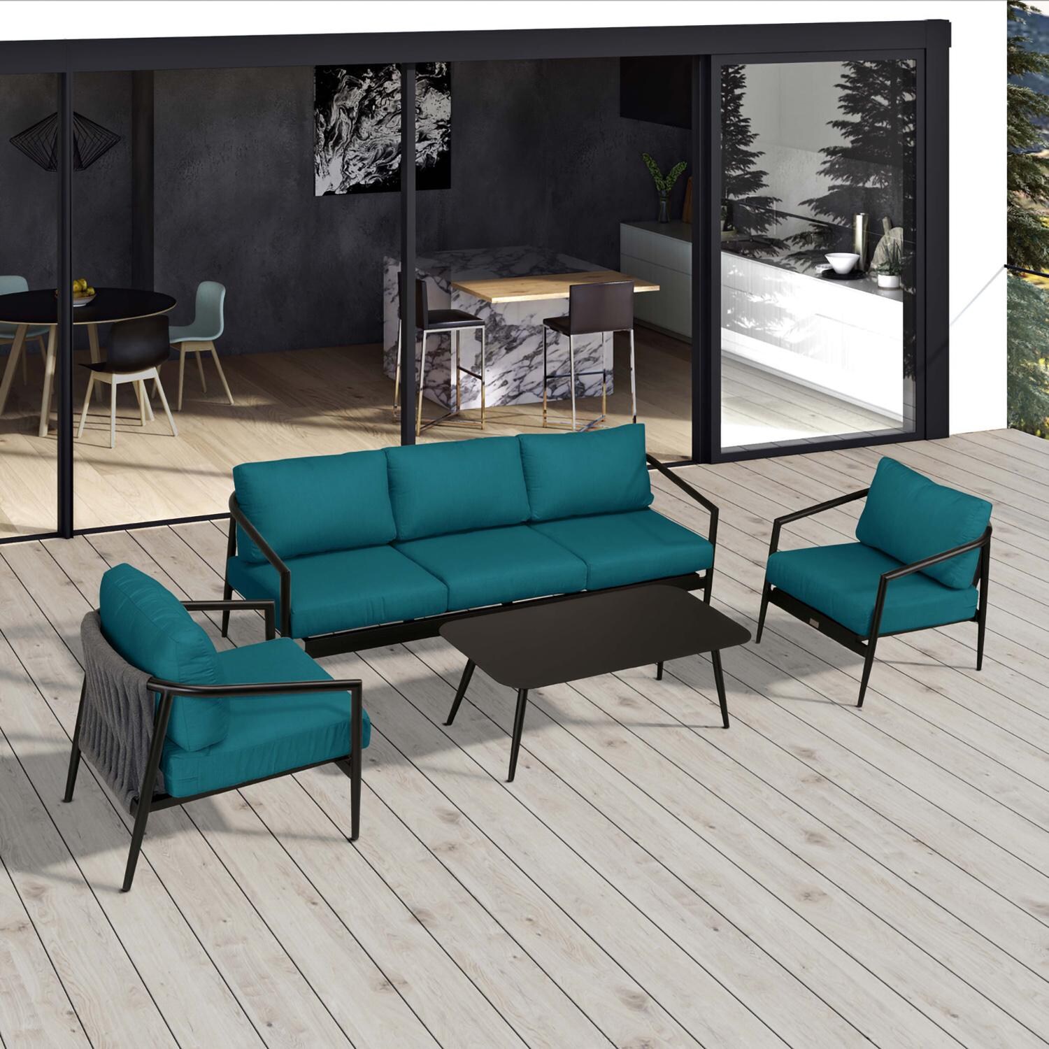 Lakeview Midnight Cove 4 Pc Aluminum Sofa Seating Set in Black/Carbon/Spectrum Peacock - Top - Lifestyle thumbnail