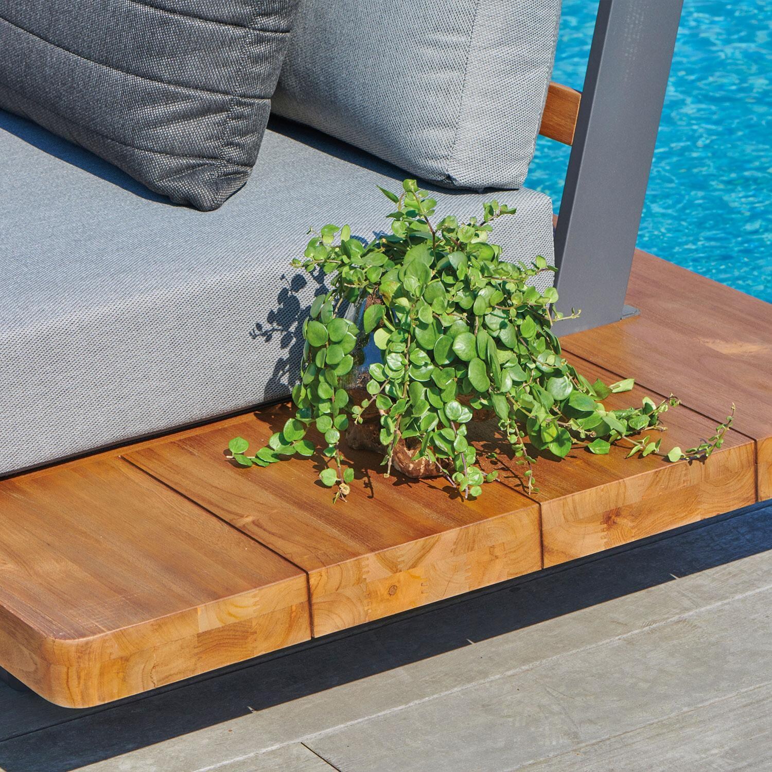 Fitz Roy 3 Person Aluminum/Teak Deep Seating Open Sofa in Lava By KETTLER - Teak Side Corner for Beverages - Detail thumbnail