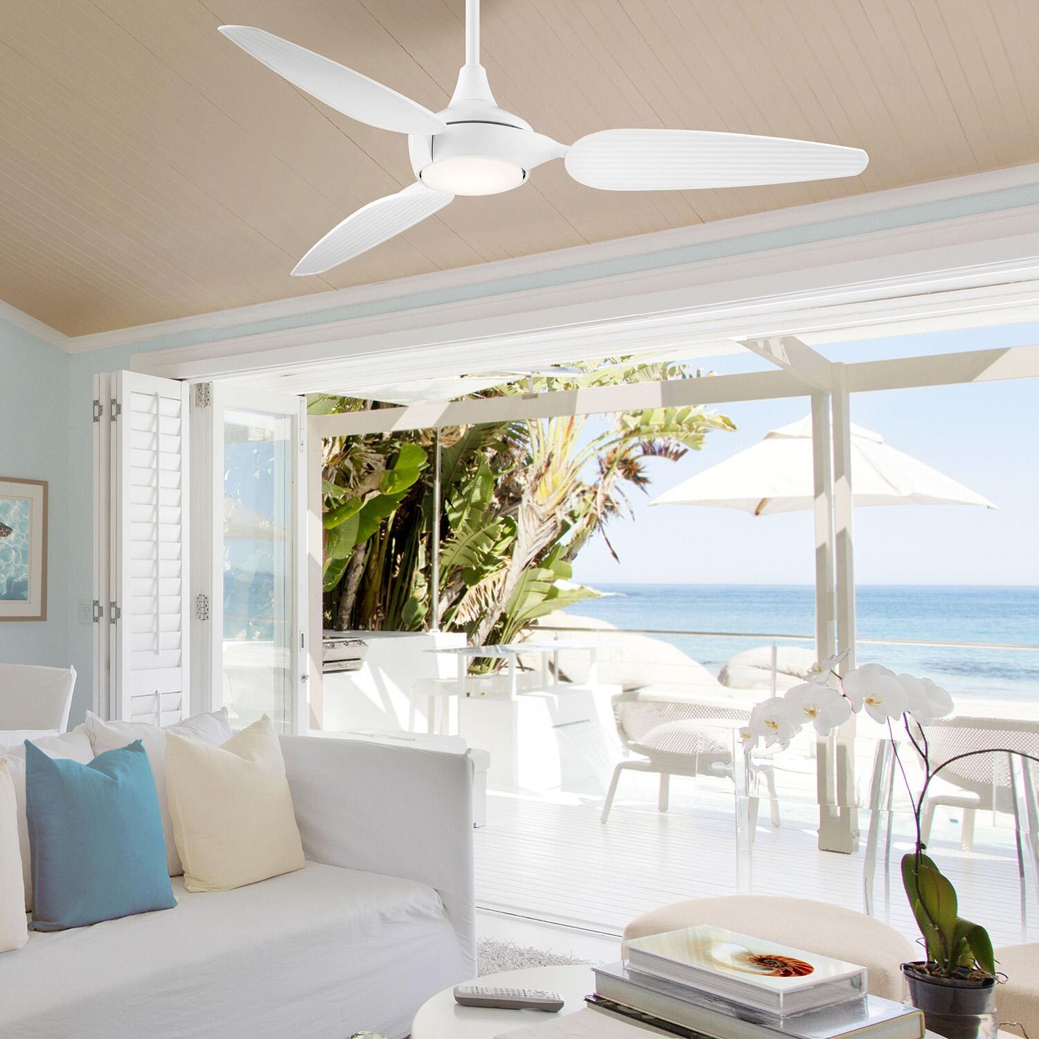 Minka-Aire Seacrest 60-Inch 3-Blade LED Ceiling Fan in Flat White Finish W/ Flat White Blades & Etched Glass - F675L-WHF
