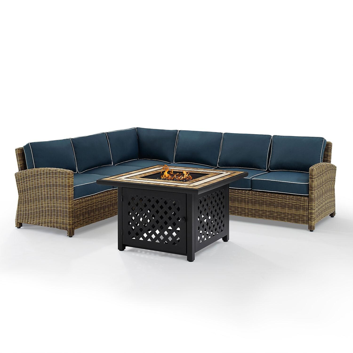 Ultimate Patio UP-92391-NV 5Pc Wicker Outdoor Sectional Set W/ Fire Table in Navy - Front View - White Background thumbnail